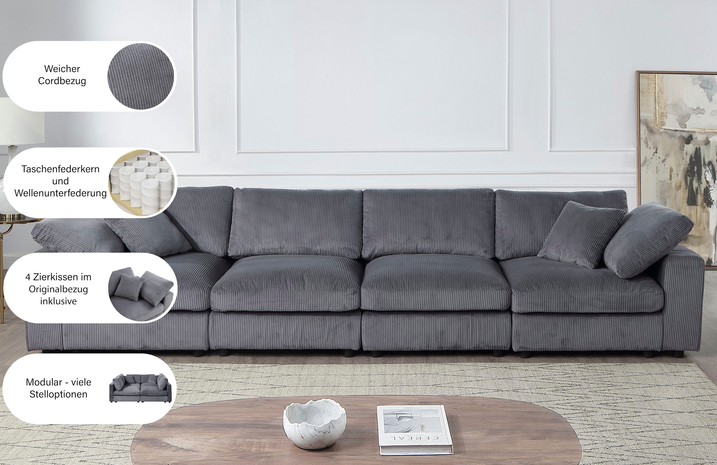 OTTO home 4-Sitzer »Berny, individuell stellbar, modular-Sofa« inklusive 2 großen & 2 kleinen Zierkissen im flauschigen Cord