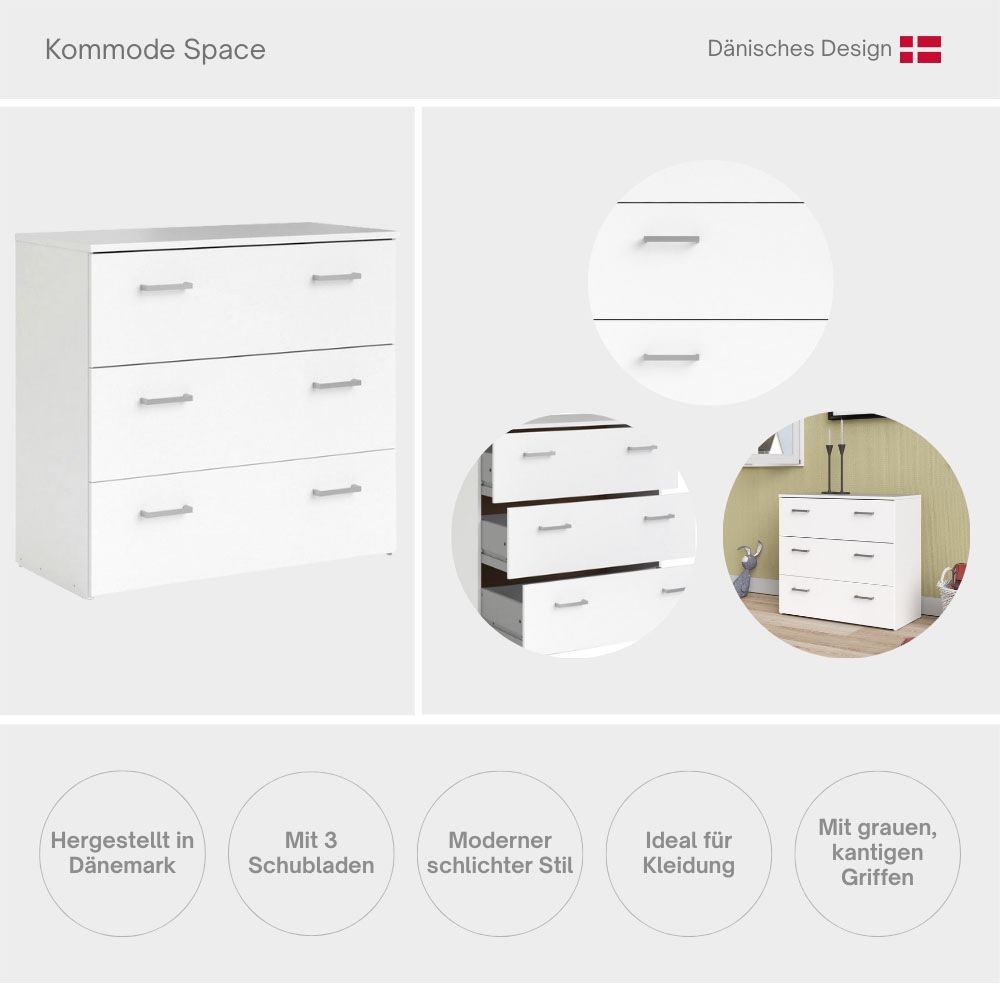 INOSIGN Kommode »Space, Mit viel Stauraum, graue Stangengriffe, einfache Selbstmontage«, Mit 3 Schubladen, grauen Griffen, modern, B: 74,1 x H: 69,9 cm