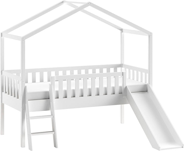 Vipack Hausbett »Kiefer massiv weiß lackiert, Made in Europe, stabil gebaut«, (B/H/T ca. 213x201,8cm, wahlweise mit und ohne Rutsche), mit Leiter, offenem Dach, Rolllattenrost und Absturzschutz
