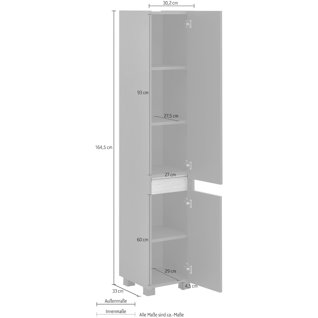 Schildmeyer Hochschrank »Cosmo«, Höhe 164,5 cm, Badezimmerschrank mit griffloser Optik, Blende im modernen Wildeiche-Look, wechselbarer Türanschlag