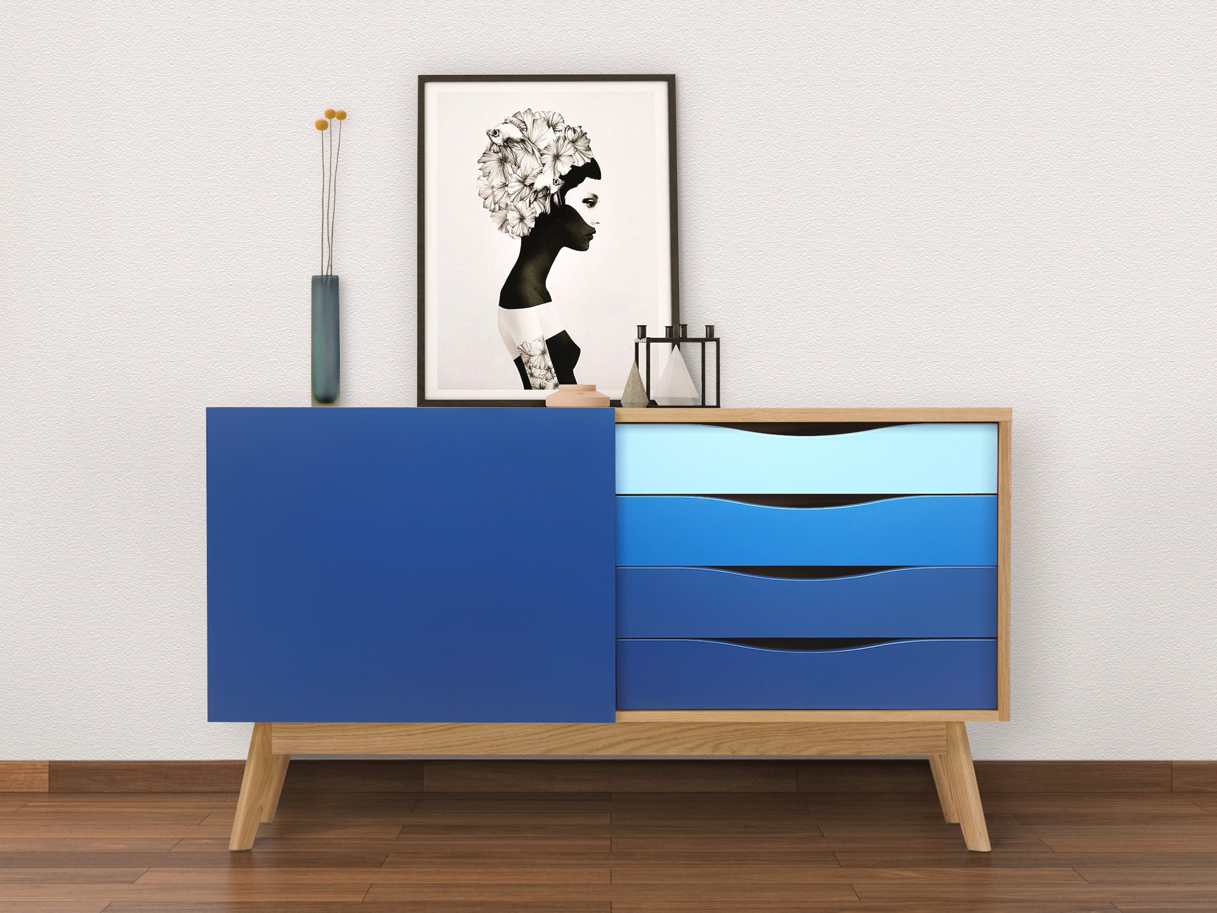 Kommode, im skandinavischen Design, blau verschiedene Töne B/H/T: 128 cm x 71 cm x 42 cm