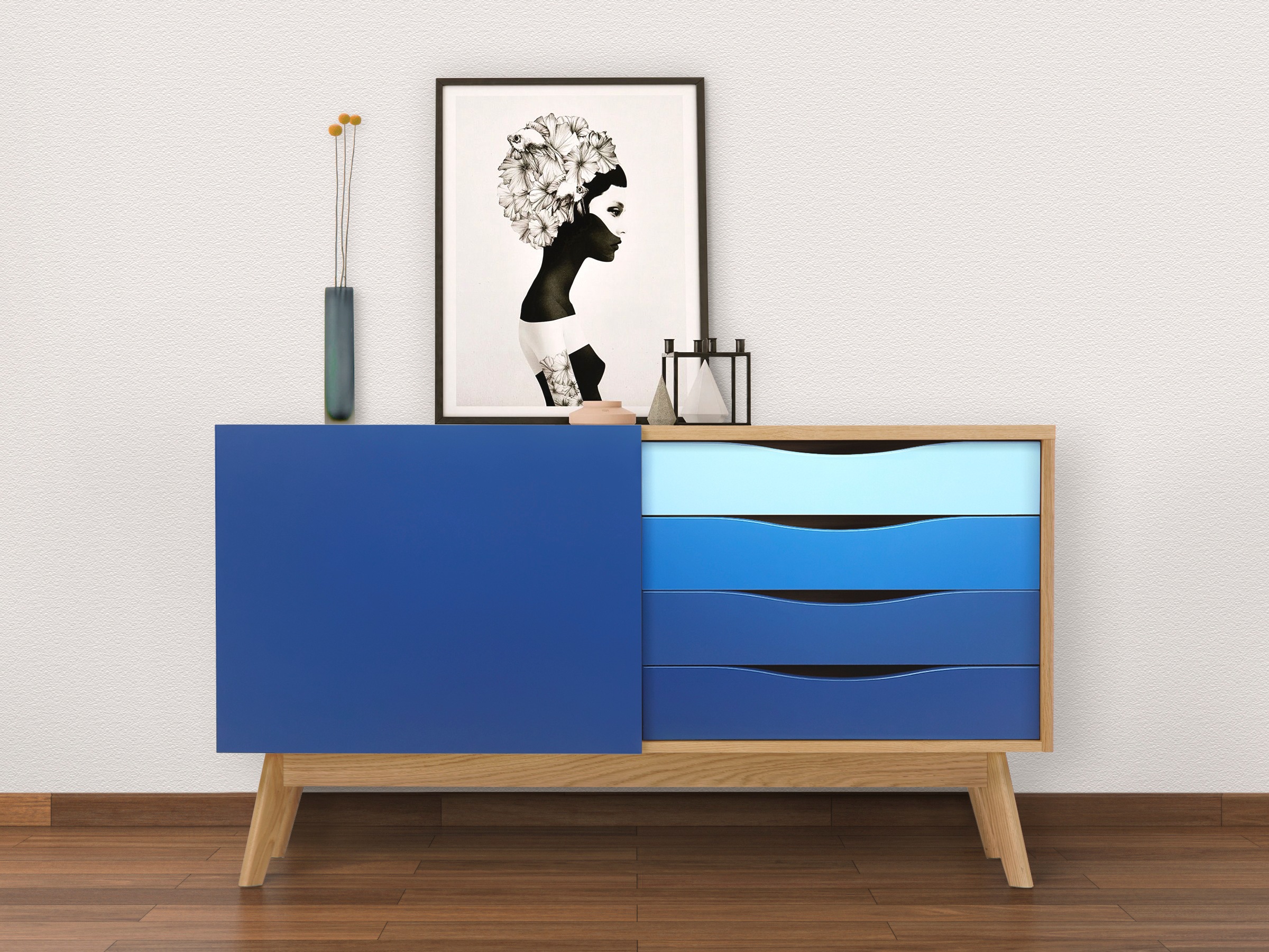 Kommode, im skandinavischen Design, blau verschiedene Töne B/H/T: 128 cm x 71 cm x 42 cm