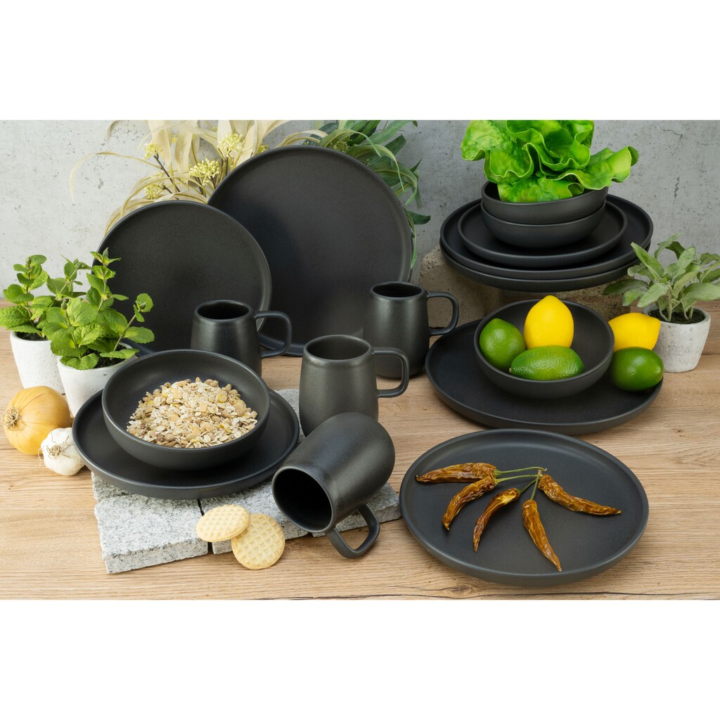 CreaTable Kombiservice »Geschirr-Set Uno Black«, (Set, 16 tlg., Kaffeeservice und Tafelservice im Set, für 4 Personen), Service, schwarz, seidenmatte Spezialglasur, M16 Teile, für 4 Personen