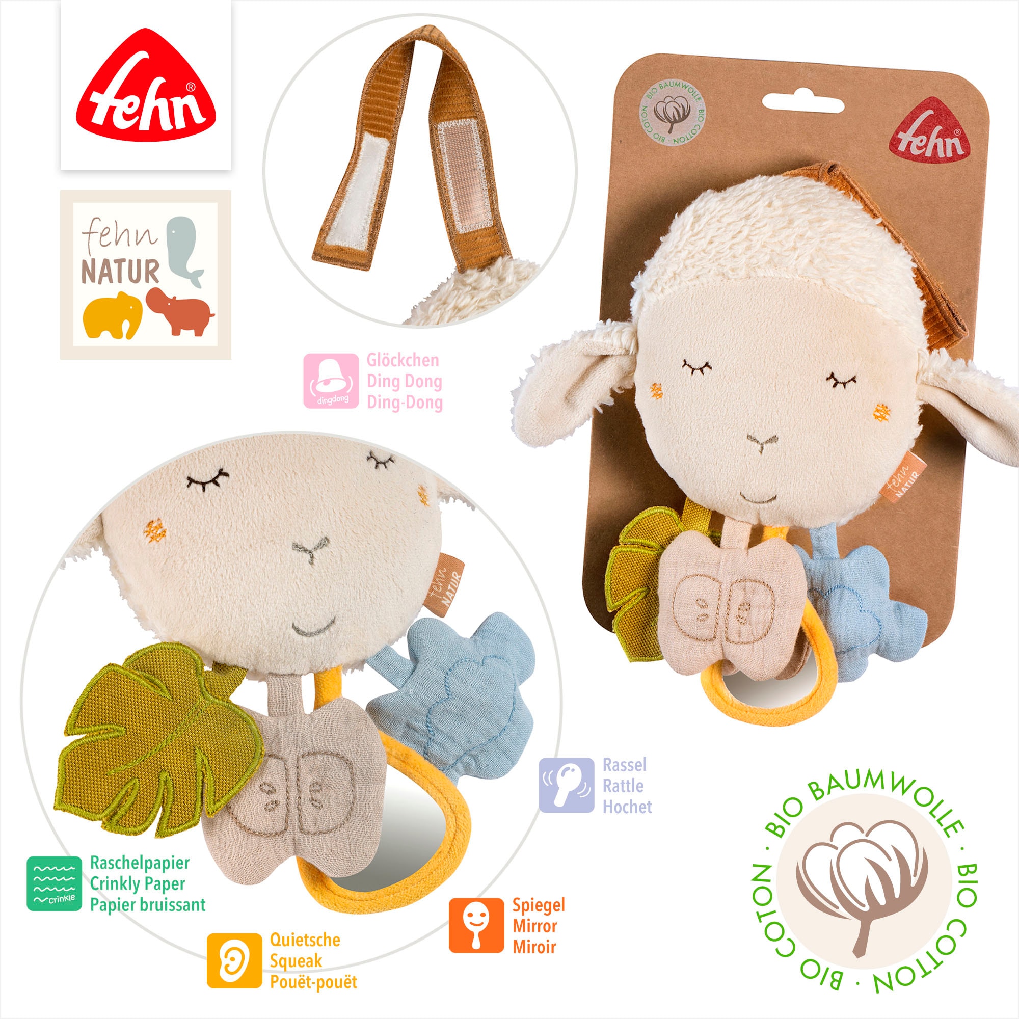 Fehn Greifspielzeug »fehnNATUR, Activity-Schaf«, zur Befestigung an Kinderwagen, Babyschale oder Bett