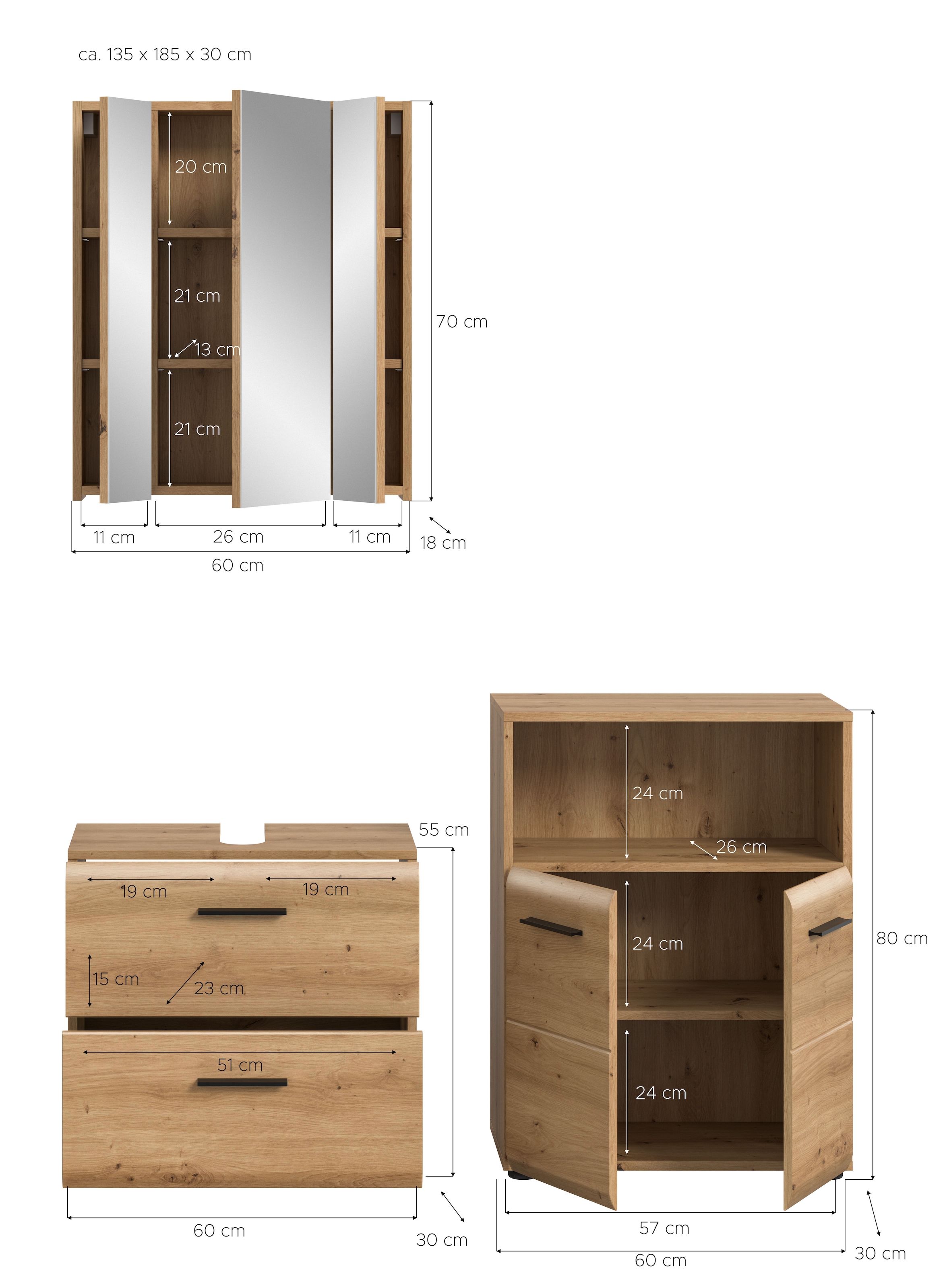 INOSIGN Badmöbel-Set »FLORENZ, TOPSELLER!, 3-teilige Badkombination, hochwertige MDF-Front«, (Set, 3 St., best. aus: Waschbeckenunterschrank, Spiegelschrank, Midischrank breit), Florenz, Badkombination 3-tlg.,Artisan Oak NB, WBU, Stanschrank breit