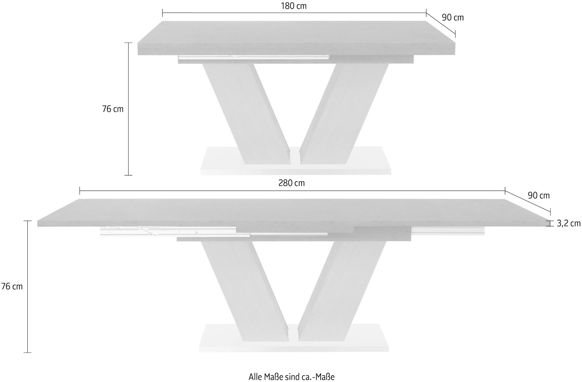 Mäusbacher Esstisch »Komfort in Breite Auszugsfunktion, auf und mit Raten V-Gestell 180-280 mit D«, graphit bestellen cm