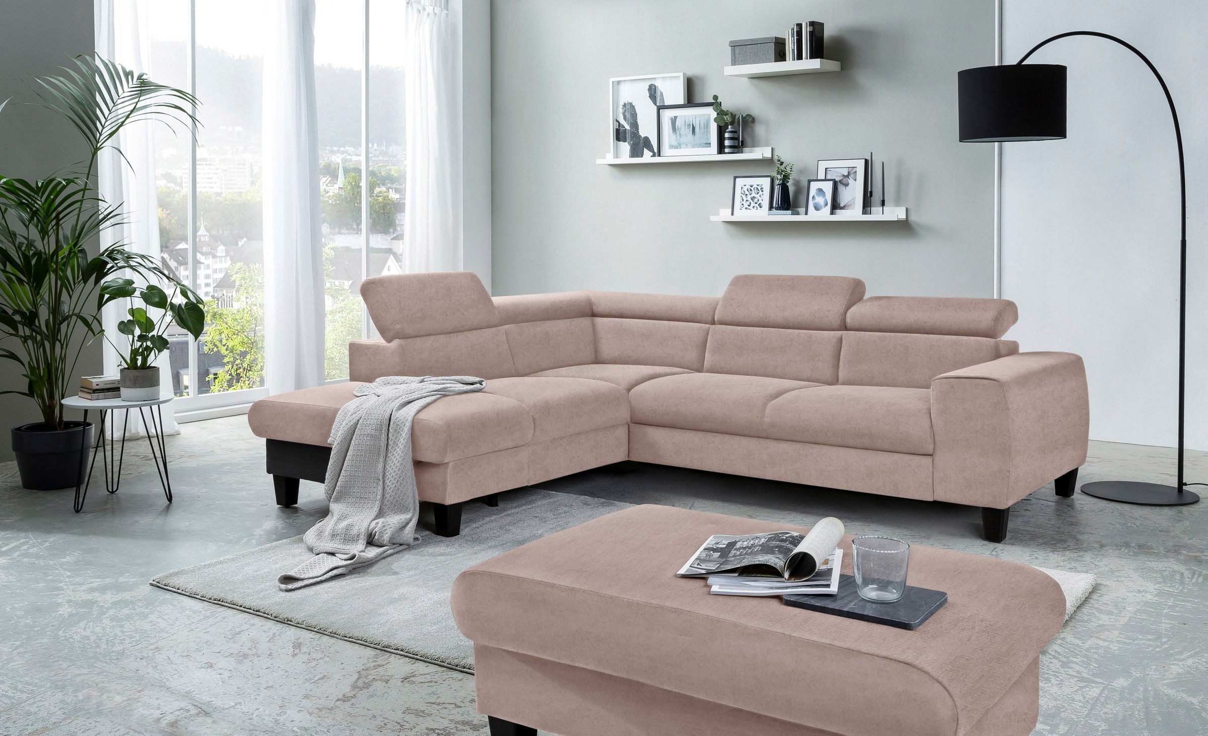 COTTA Polstergarnitur »Morven L-Form«, (Set), Set bestehend aus: Ecksofa mit Kopfteilverstellung & Hocker
