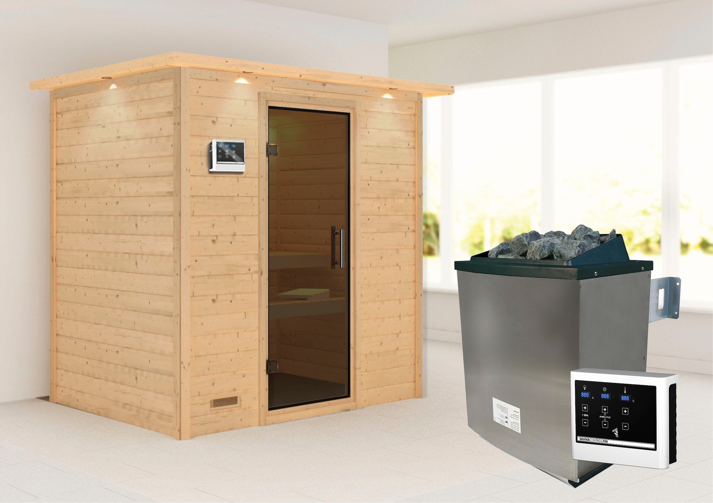 Karibu Sauna »"Sonja" mit graphitfarbener Tür und Kranz Ofen 9 KW externe S günstig online kaufen