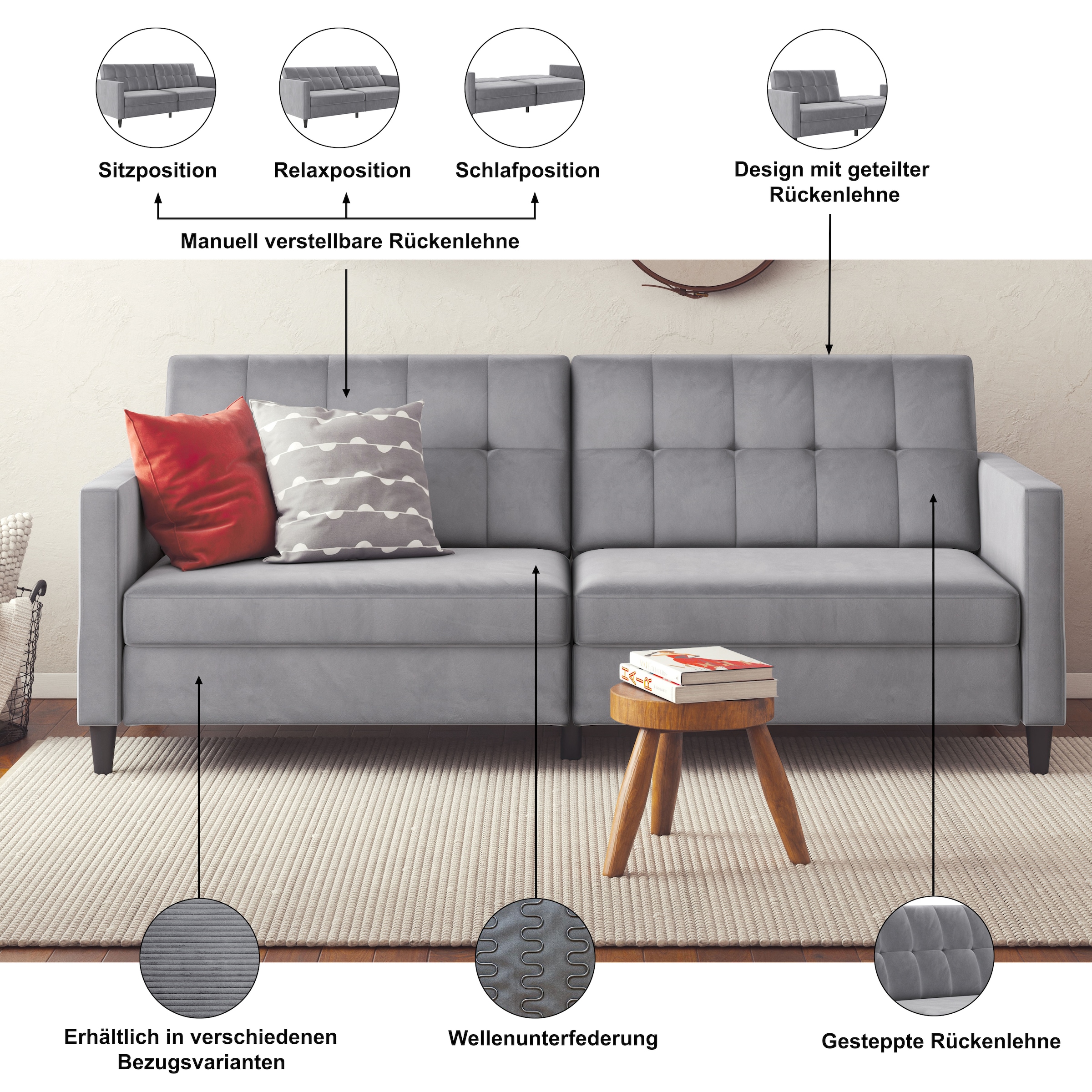 Dorel Home 3-Sitzer »Hartford II« Bettfunktion, Rückenlehne 2-teilig, 3-fach verstellbar, Sitzhöhe 43 cm