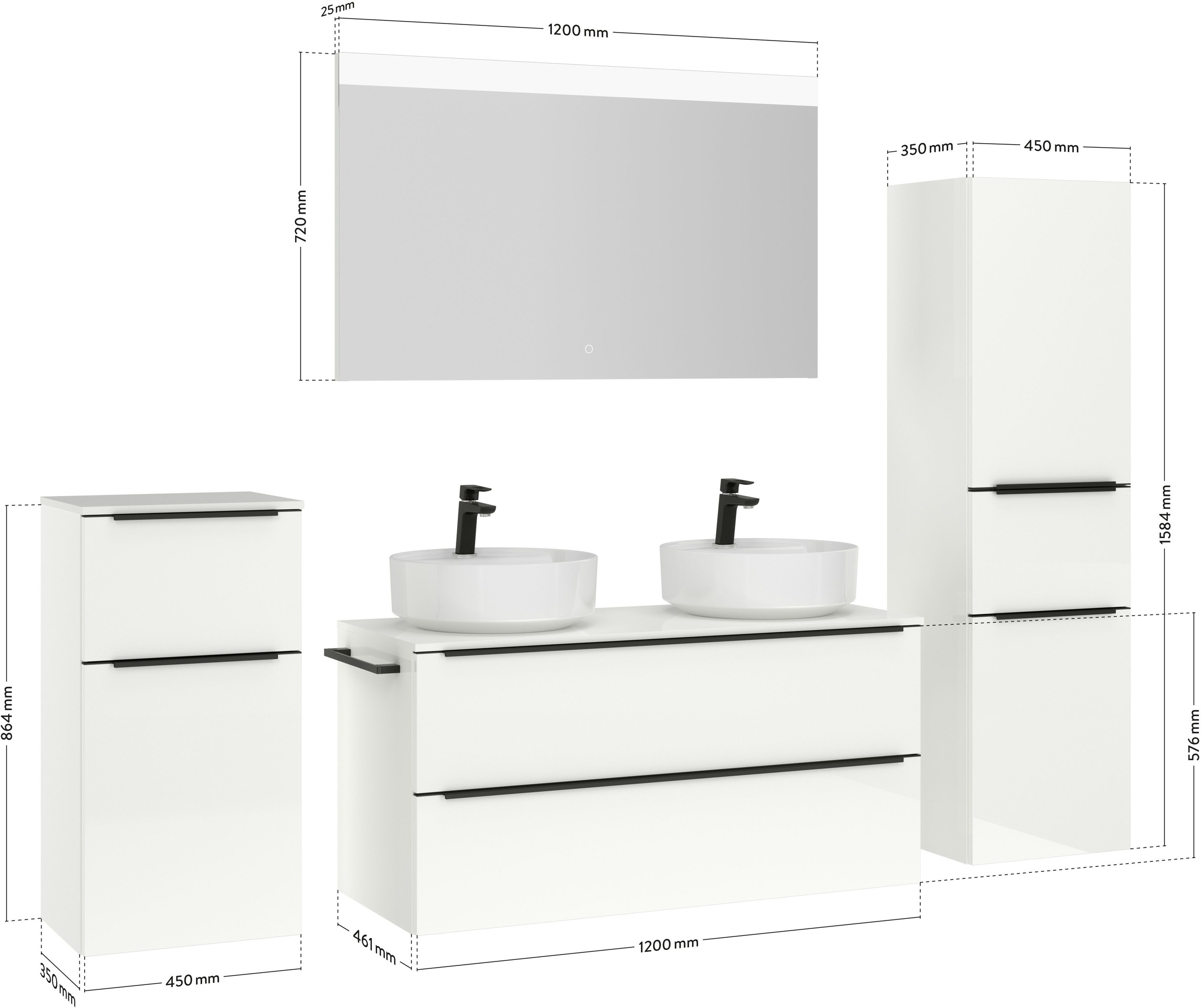 nobilia® Badmöbel-Set »Alvene«, (4 St., vormontiert, mit Soft-Close), Hochglanz, inkl. Spiegel mit Touch-Sensor, in vier Breiten