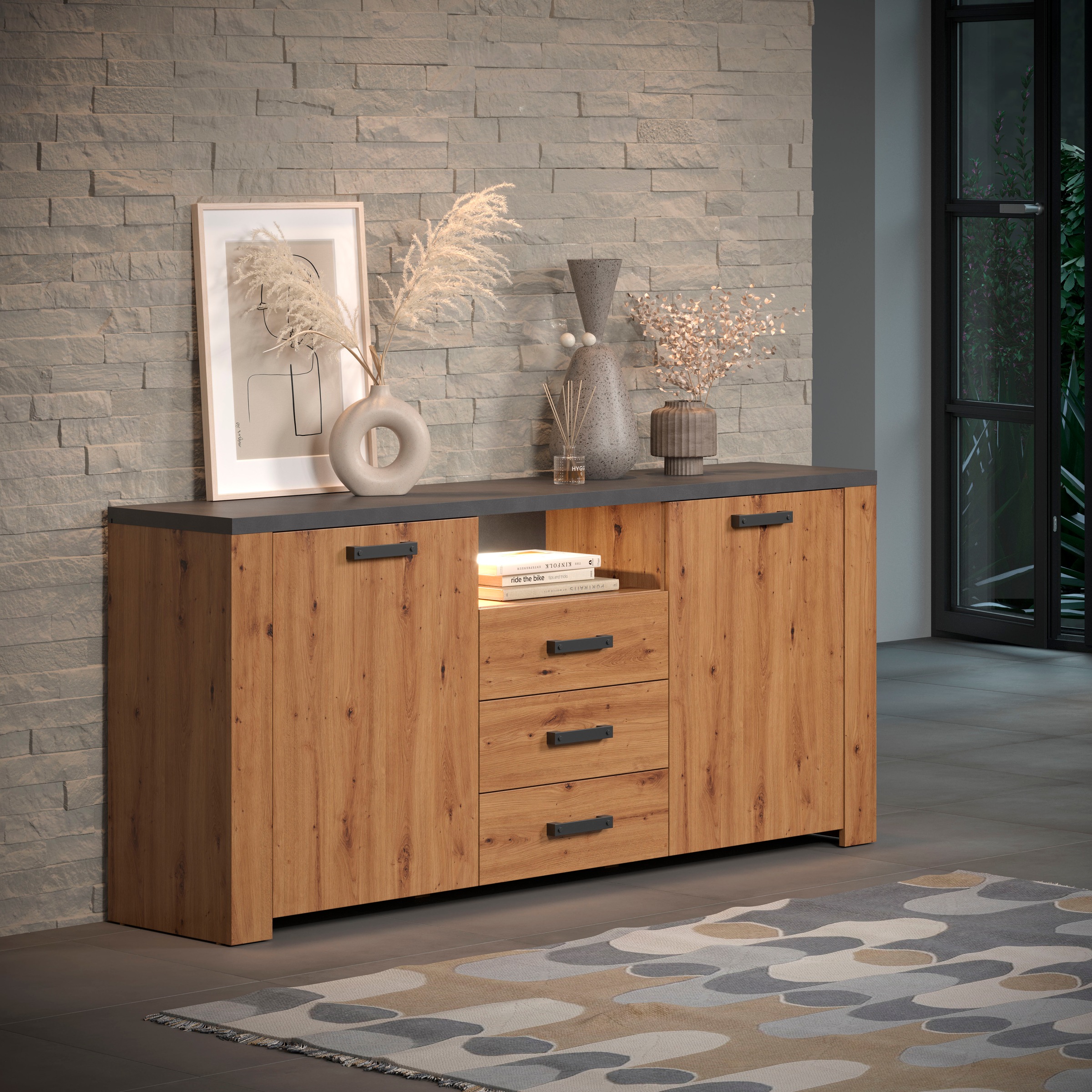 Home affaire Sideboard »Ambres«, (1 St.), Kommode Echtholzoptik, Maße BxH: 180x83 cm, Eiche