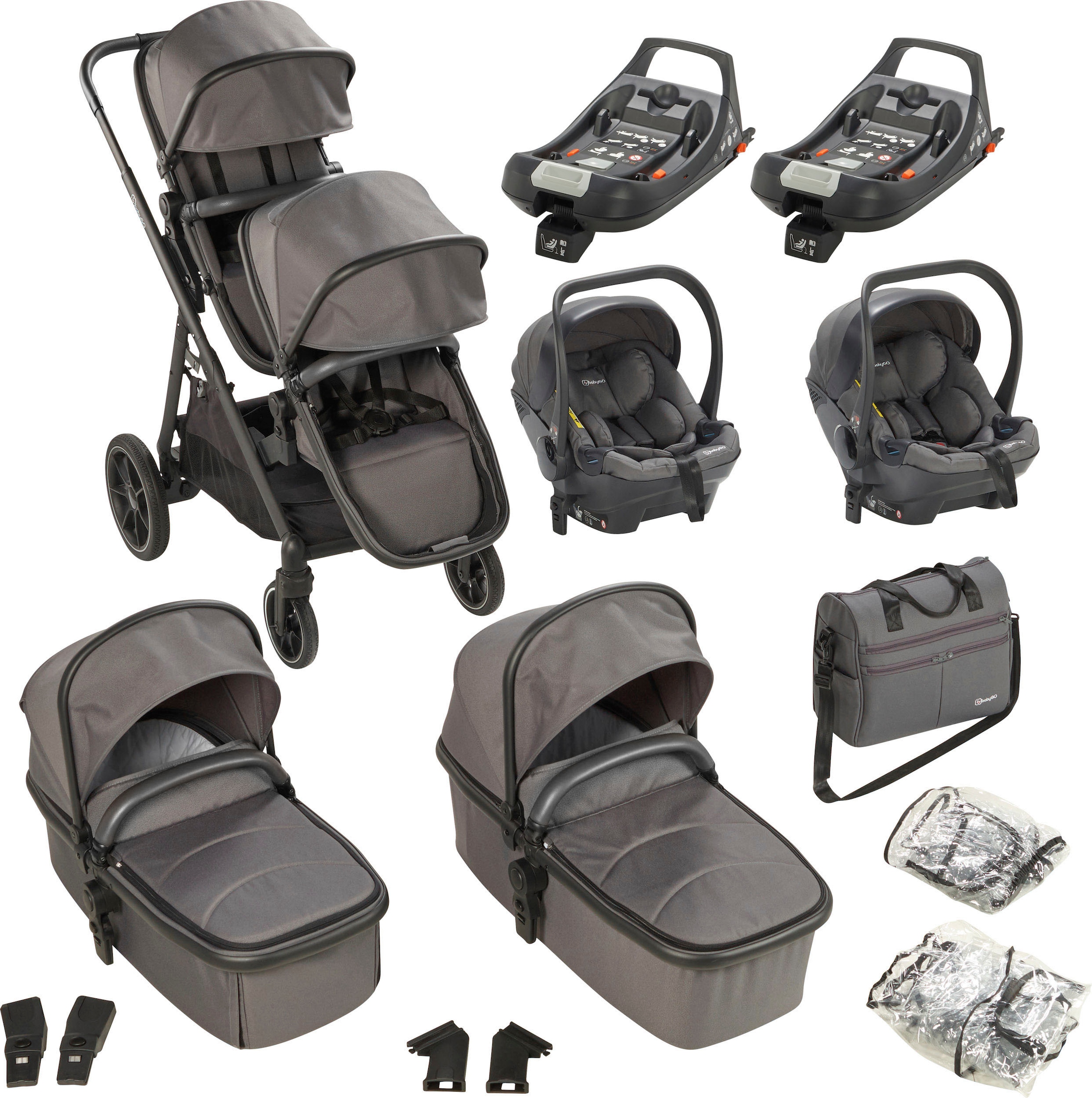 BabyGo Zwillings-Kombikinderwagen »Duo Ultra Set, grau«, inkl. 2 Babyschalen, 2 Isofix Base, Wickeltasche u. 2 Regenhauben