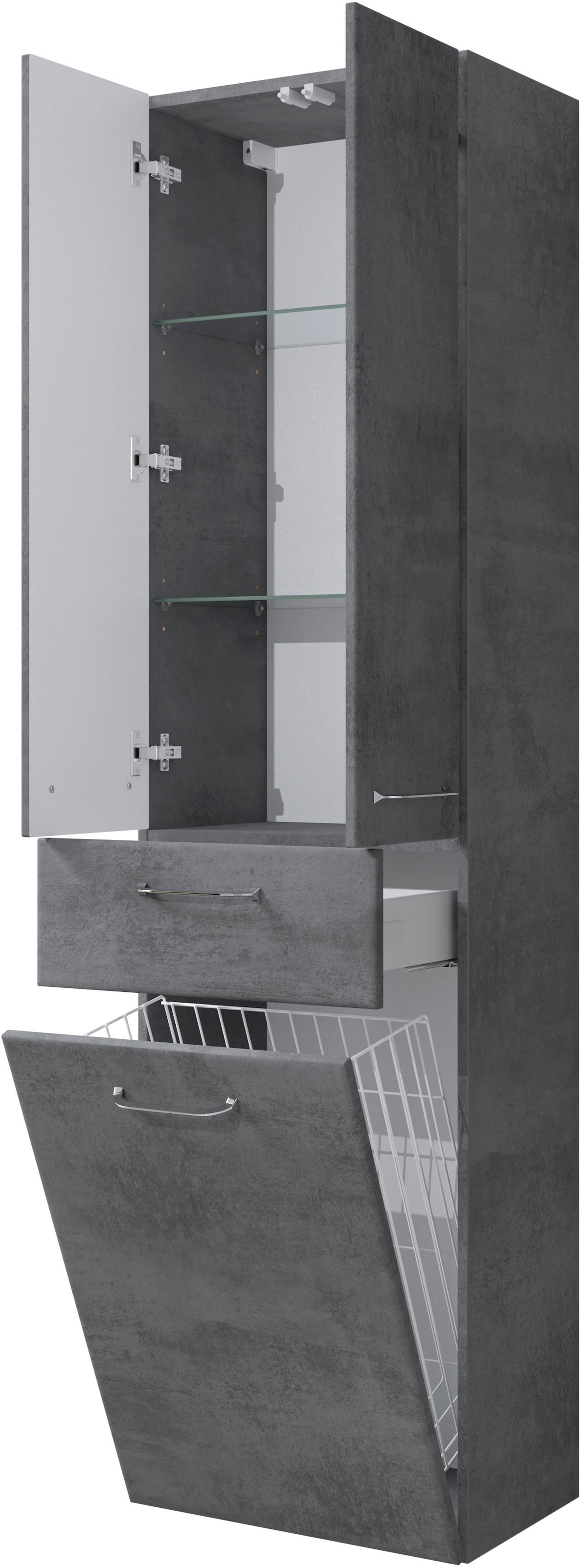 Saphir Hochschrank »Quickset 945 Badschrank, 50cm breit, 2 Türen, 1 Schublade, Wäschekippe«, Badezimmer-Hochschrank inkl. Türdämpfer, Griffe in Chrom glänzend