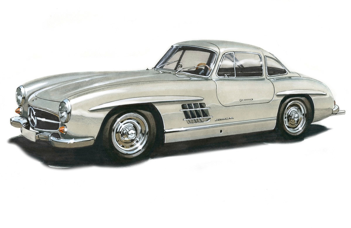 Papermoon Fototapete »MB300SL GULLWING 1954 -VINTAGE AUTO ILLUSTRATION RETR günstig online kaufen