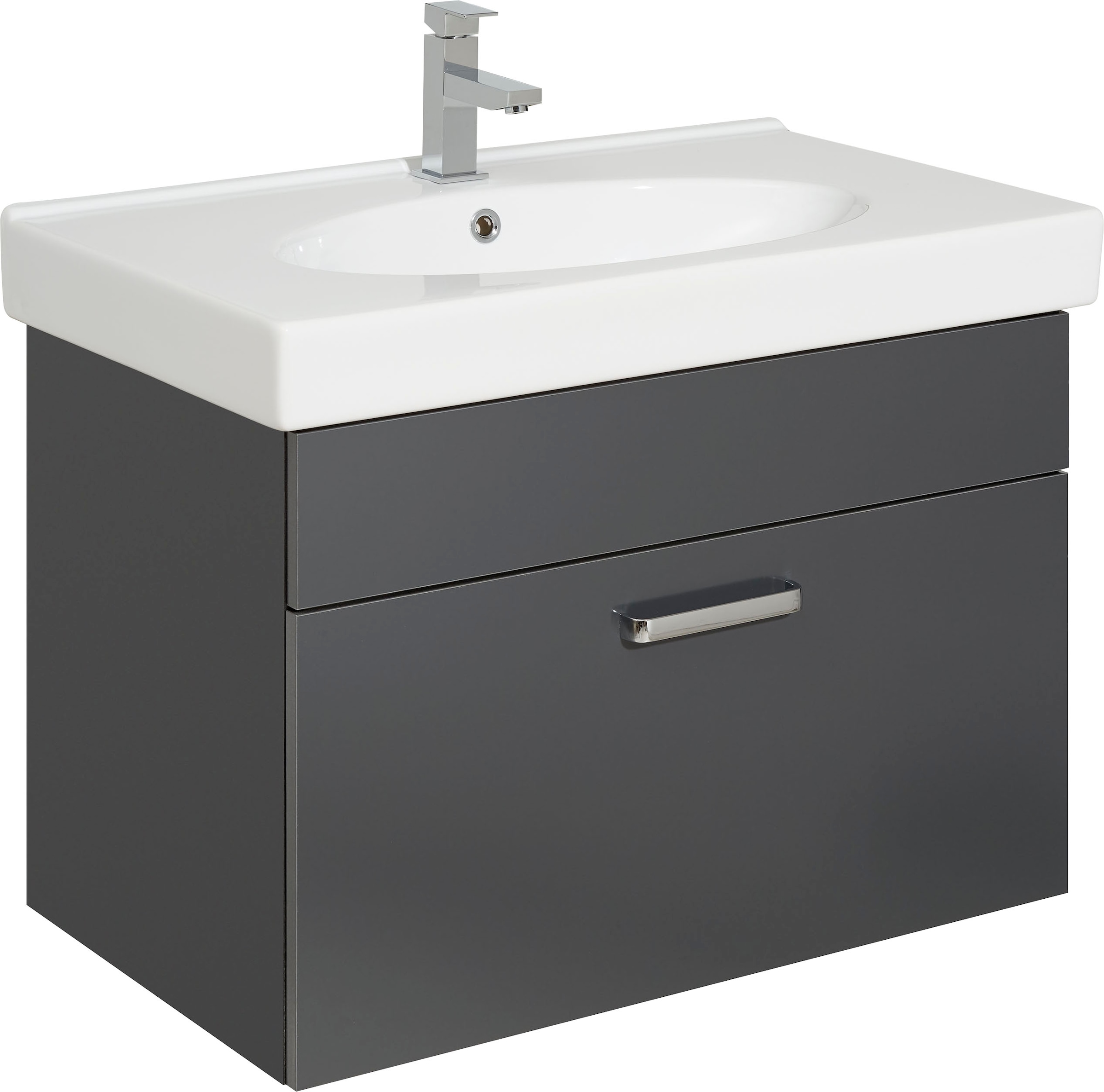 Saphir Badmöbel-Set »Quickset 2-teilig, Keramikwaschtisch mit LED-Spiegelschrank, Bad-Set«, (2 St.), Waschplatz 83 cm breit, 3 Türen, 1 Schublade, inkl. Türdämpfer