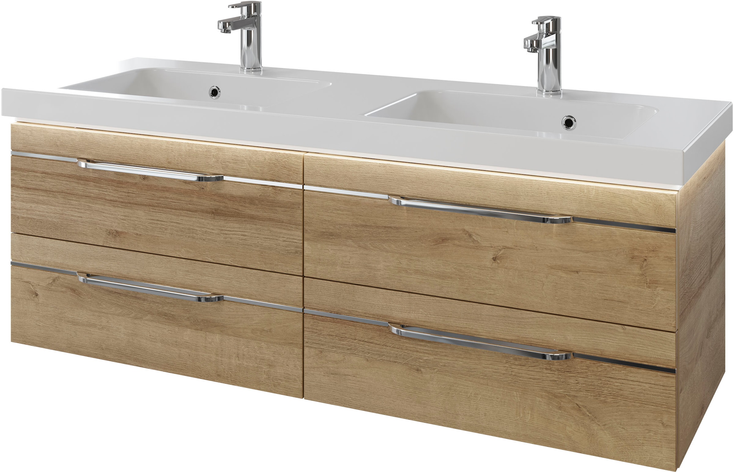 Saphir Badmöbel-Set »Balto 2-teilig Mineralmarmor-Doppelwaschtisch mit LED-Spiegel«, (2 St.), Waschplatz 150 cm breit, 4 Schubladen, inkl. Schubladendämpfer