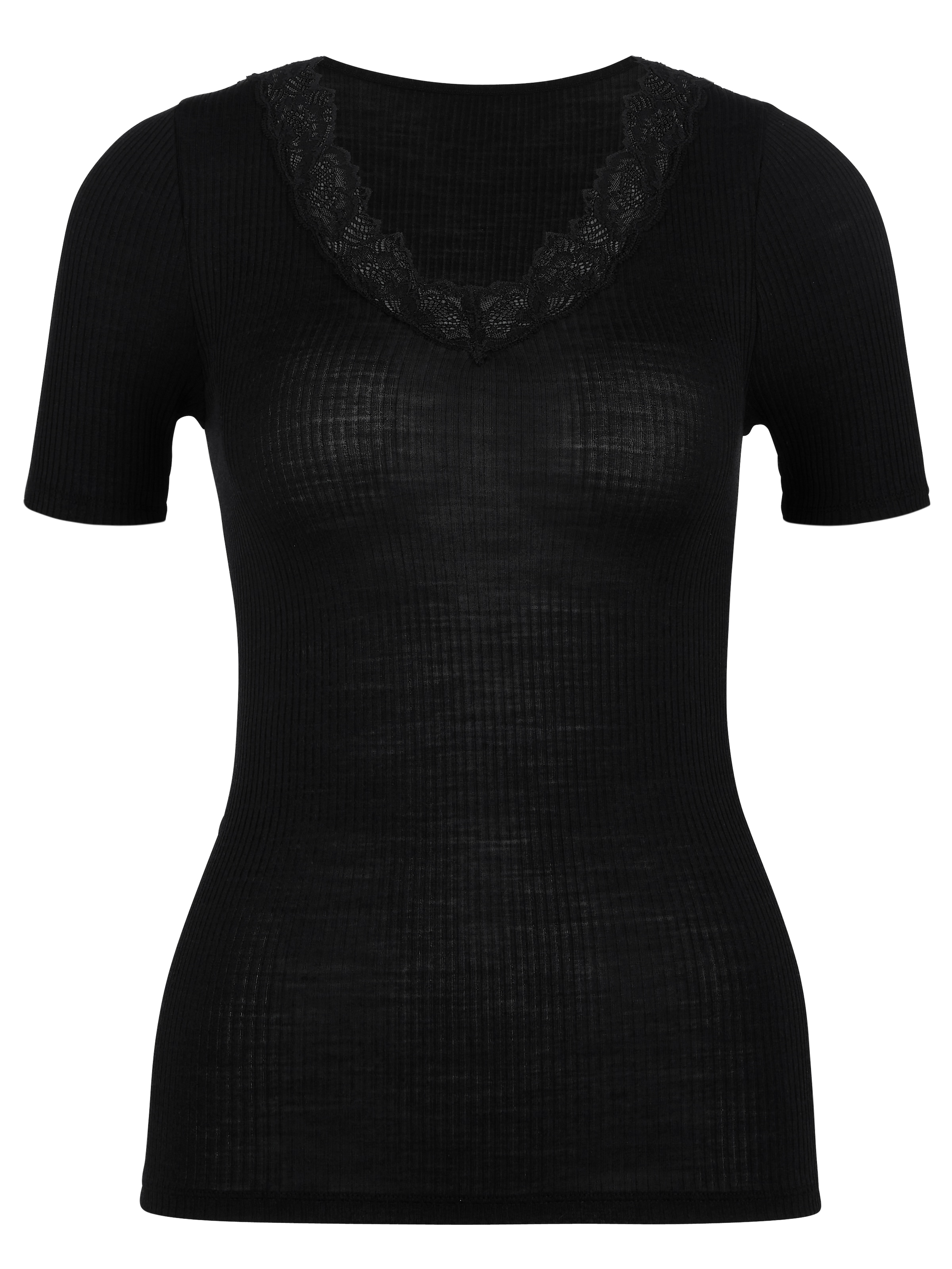 CALIDA Kurzarmshirt »Silky Wool Joy«, florale Spitze, V-Ausschnitt, Feinripp-Qualität, wärmend, weich