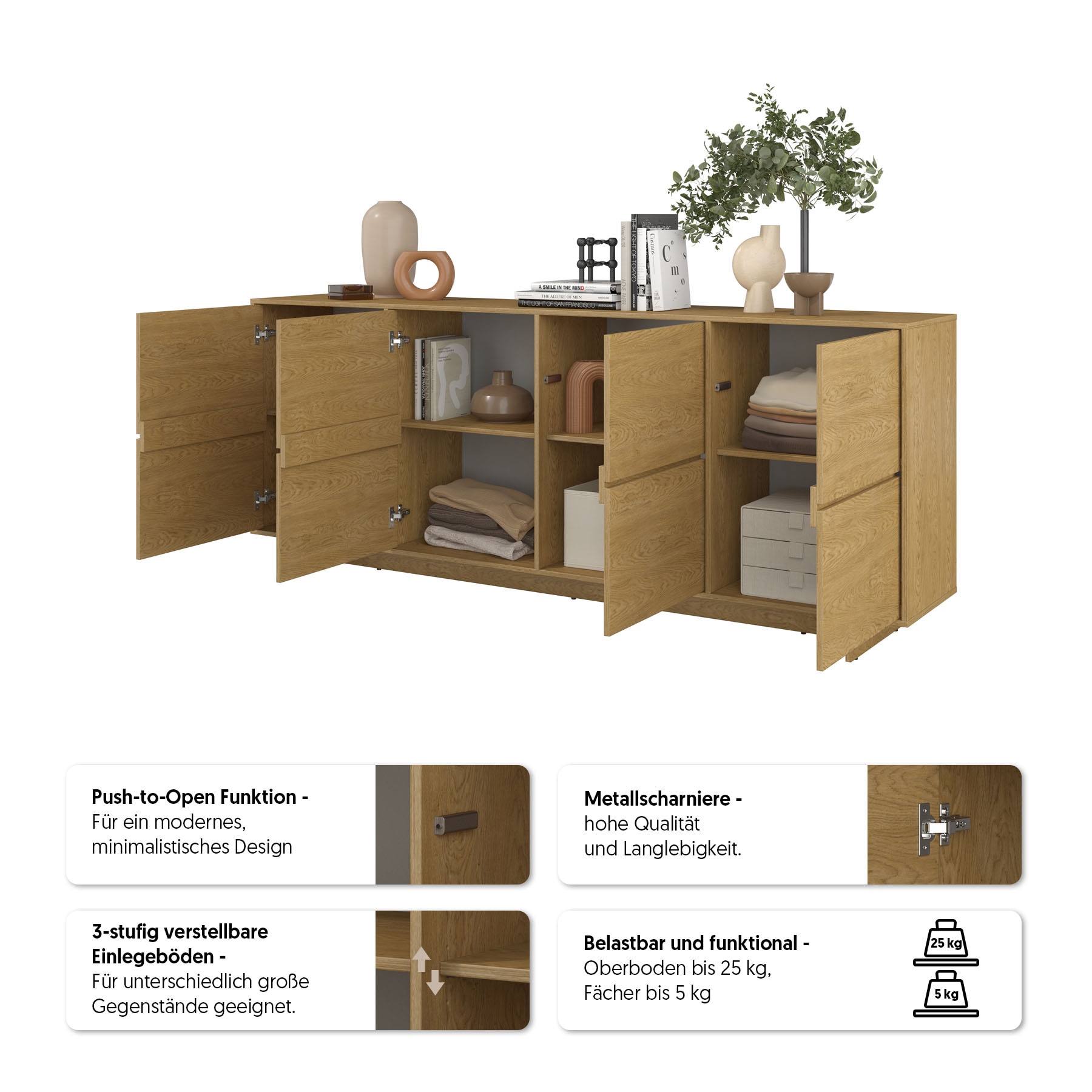OTTO home Sideboard »Tatami, Stilvolle, moderne grifflose Kommode 4 Türen, Breite 220cm« Anrichte mit viel Stauraum, Böden verstellbar, push-to-open-Funktion