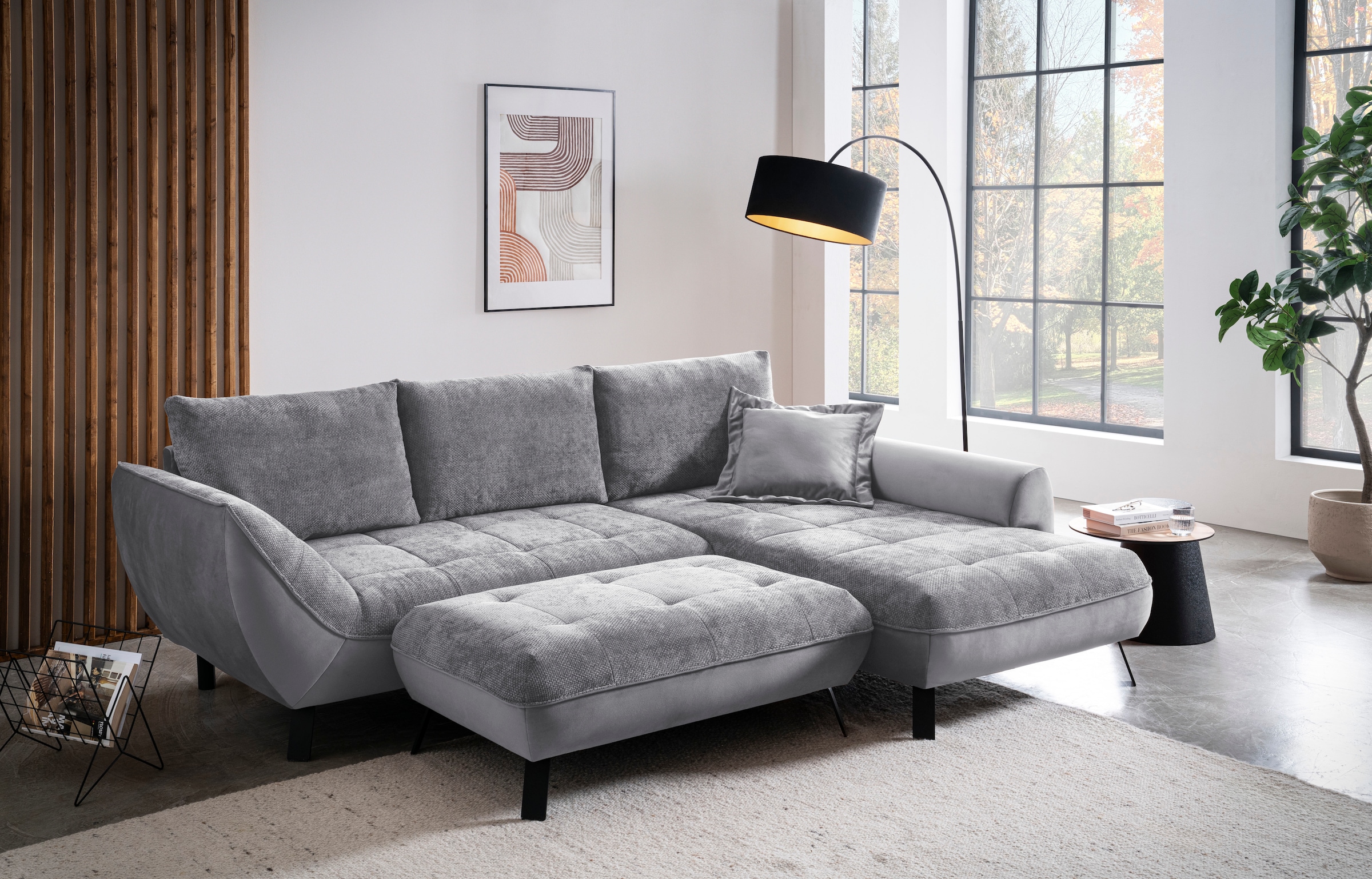 exxpo - sofa fashion Ecksofa »Bellinii, Materialmix, Strukturbezug und pflegeleichter Microvelours«, bequem und modern, Materialmix, L-Form