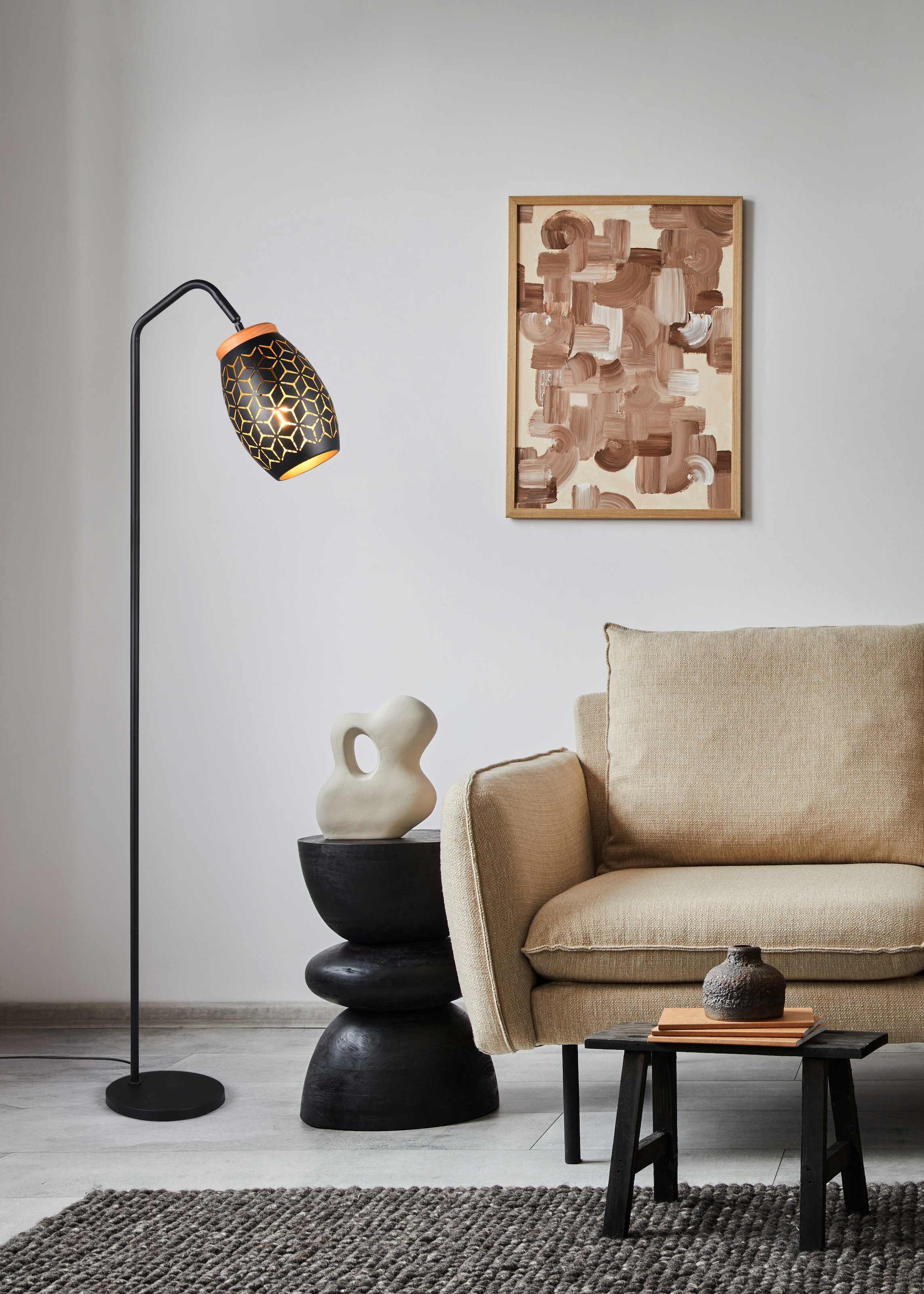 REALITY Leuchten Stehlampe »BIDAR, Stehleuchte Höhe 147 cm mit Fußschalter, exkl 1x E27 max 10W«, 1 flammig, Leuchtmittel E27 | Leuchtmittel wechselbar, Metall-Lampenschirm mit Lasercut Muster und Holz-Dekoelement