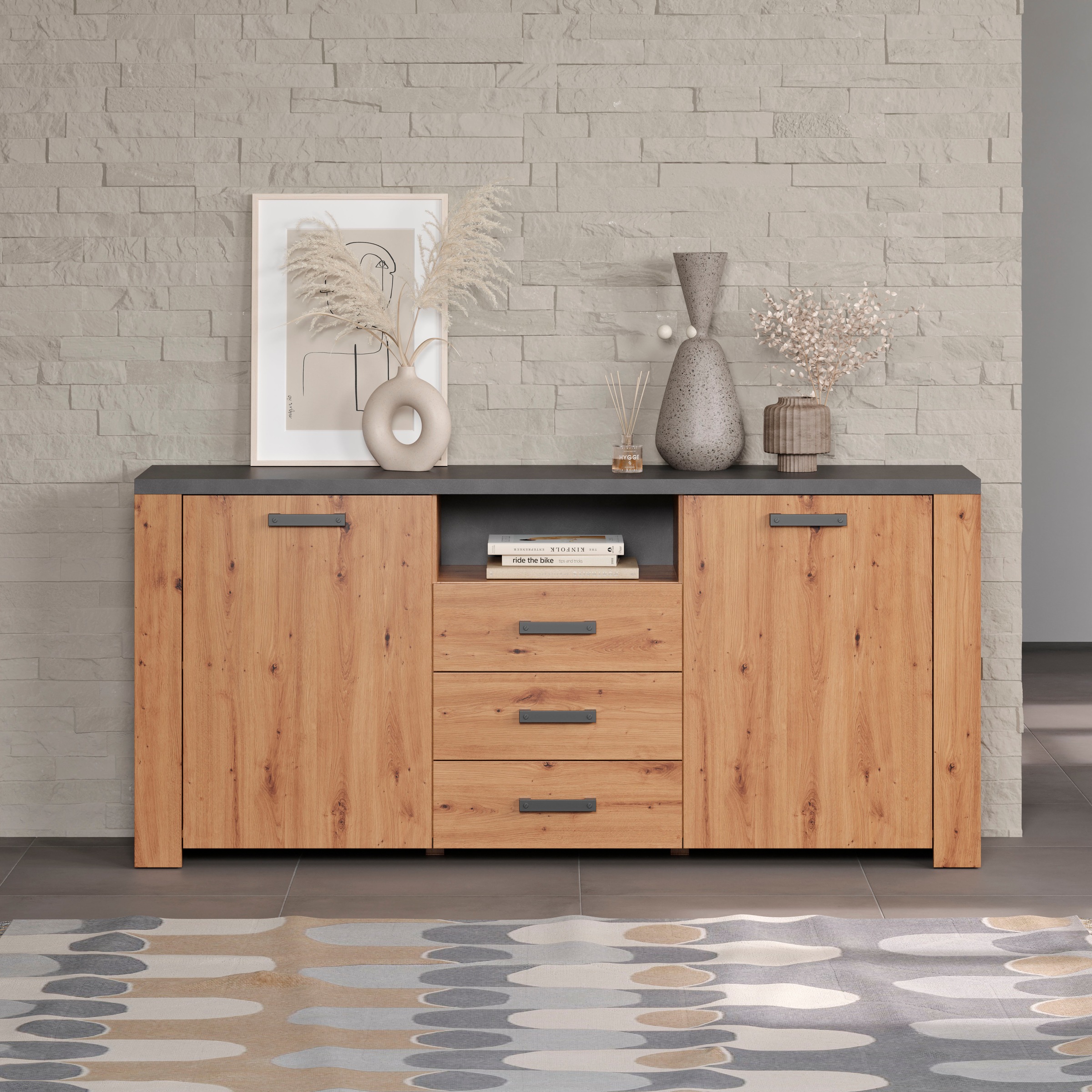 Home affaire Sideboard »Ambres«, (1 St.), Kommode Echtholzoptik, Maße BxH: 180x83 cm, Eiche