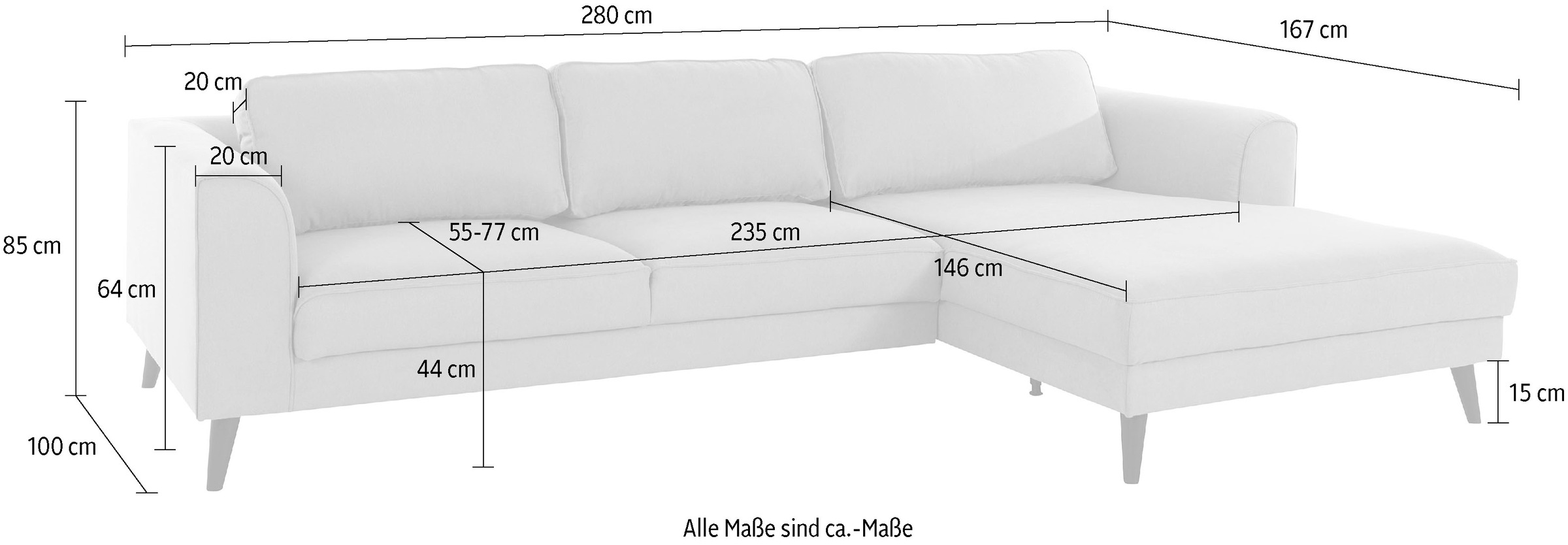 INOSIGN Ecksofa »Lumber Jack, elegant und bequem, Breite 280, hoher Fuß, L-Form«, in moderner Optik