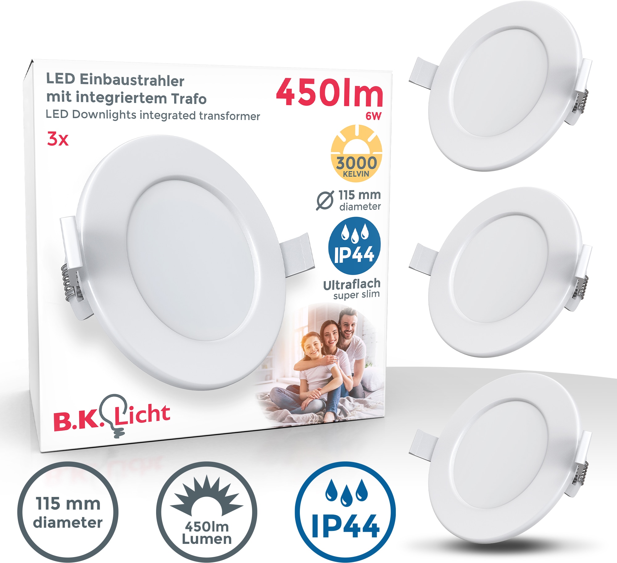 B.K.Licht LED Einbauleuchte »3er Set Bad Einbaustrahler, IP44 geschützt, flache Einbauspots«, Leuchtmittel LED-Modul | LED fest integriert, 3.000K, 450Lm, 6W, Kunststoff, 11,5 x 3 cm, Weiß