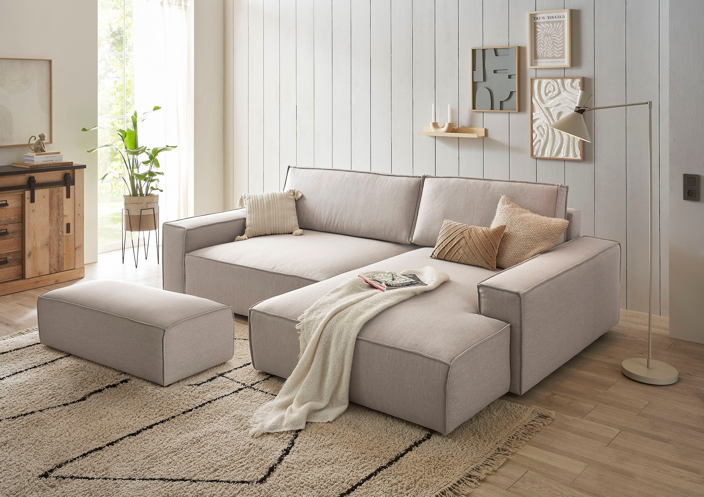 Home affaire Polsterecke »NEU: SHERWOOD XXL tief, L-Form mit Schlaffunktion, Big-Sofa mit Hocker«, (Set, 2 St.), stellbar zum Schlafsofa (Krokodilverbinder), Cord, Leinenoptik