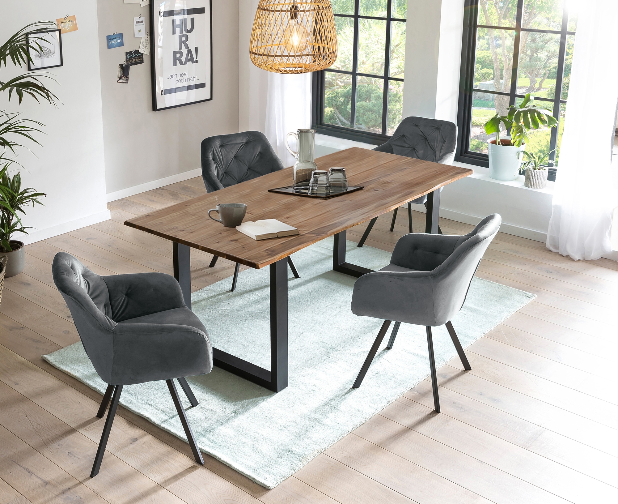SALESFEVER Essgruppe »Stilvolle Essgruppe« Set, 5 Stk. tlg. 5-teilige Sitzgruppe mit 360° Drehplatte und echter Baumkante Walnuss, Grau, Schwarz +...