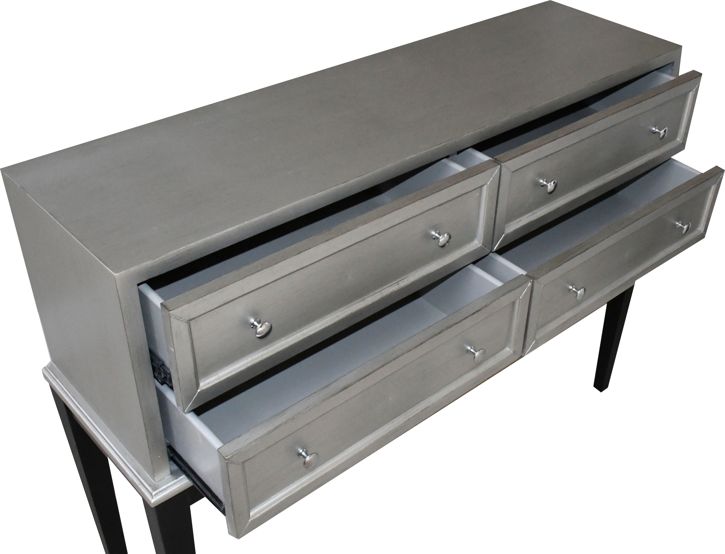 Leonique Kommode »Claudi«, Kommode, schwarze Holzbeine, Matt-Silber, 4 Schubkästen, 122x26x90 cm