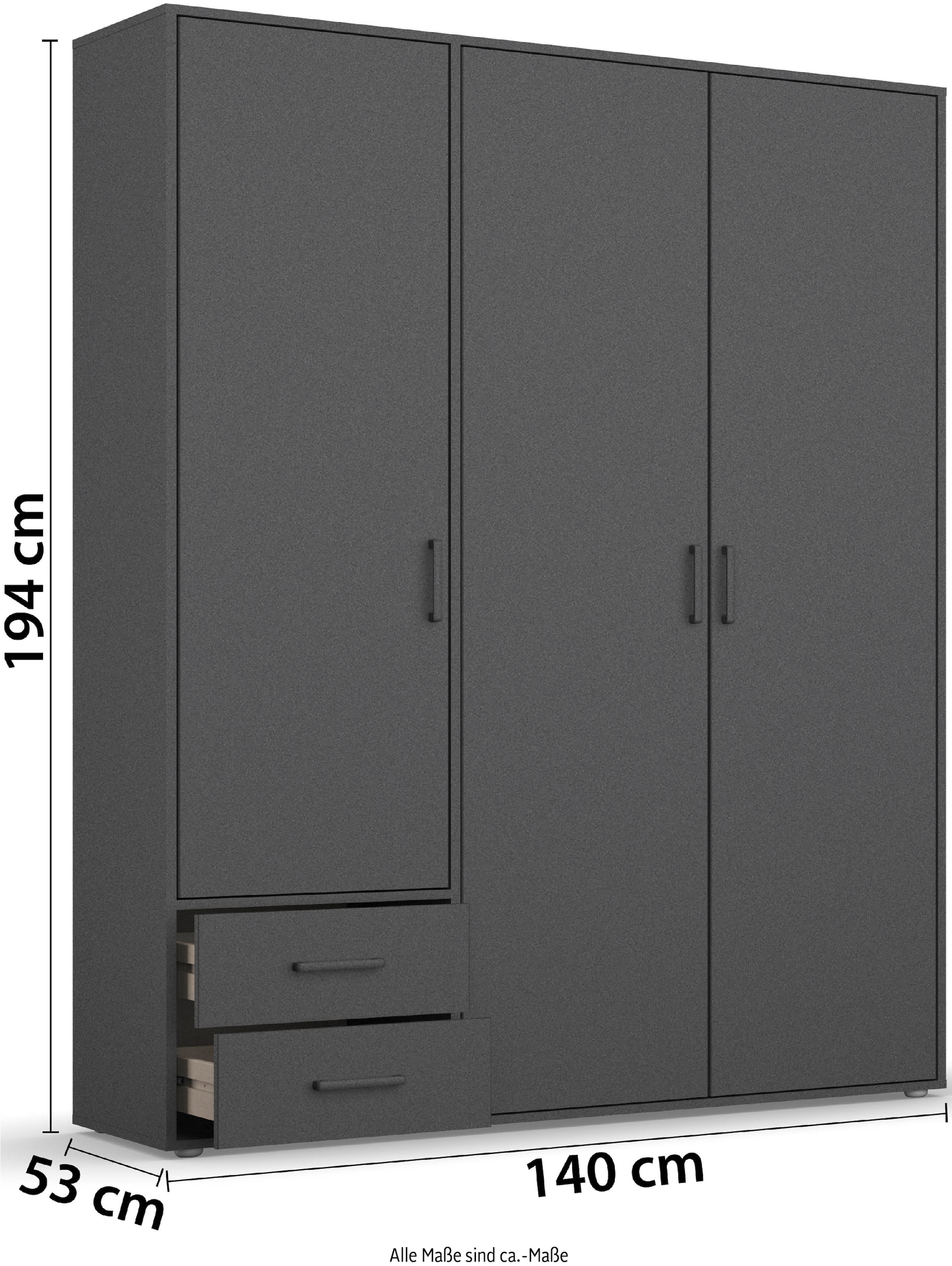 rauch Drehtürenschrank »Kleiderschrank Schrank Garderobe Wäscheschrank VOYAGER«, (in 3 verschiedenen Ausstattungen BASIC/CLASSIC/PREMIUM), moderne Griffe in Graumetallic mit Außenschubkästen MADE IN GERMANY