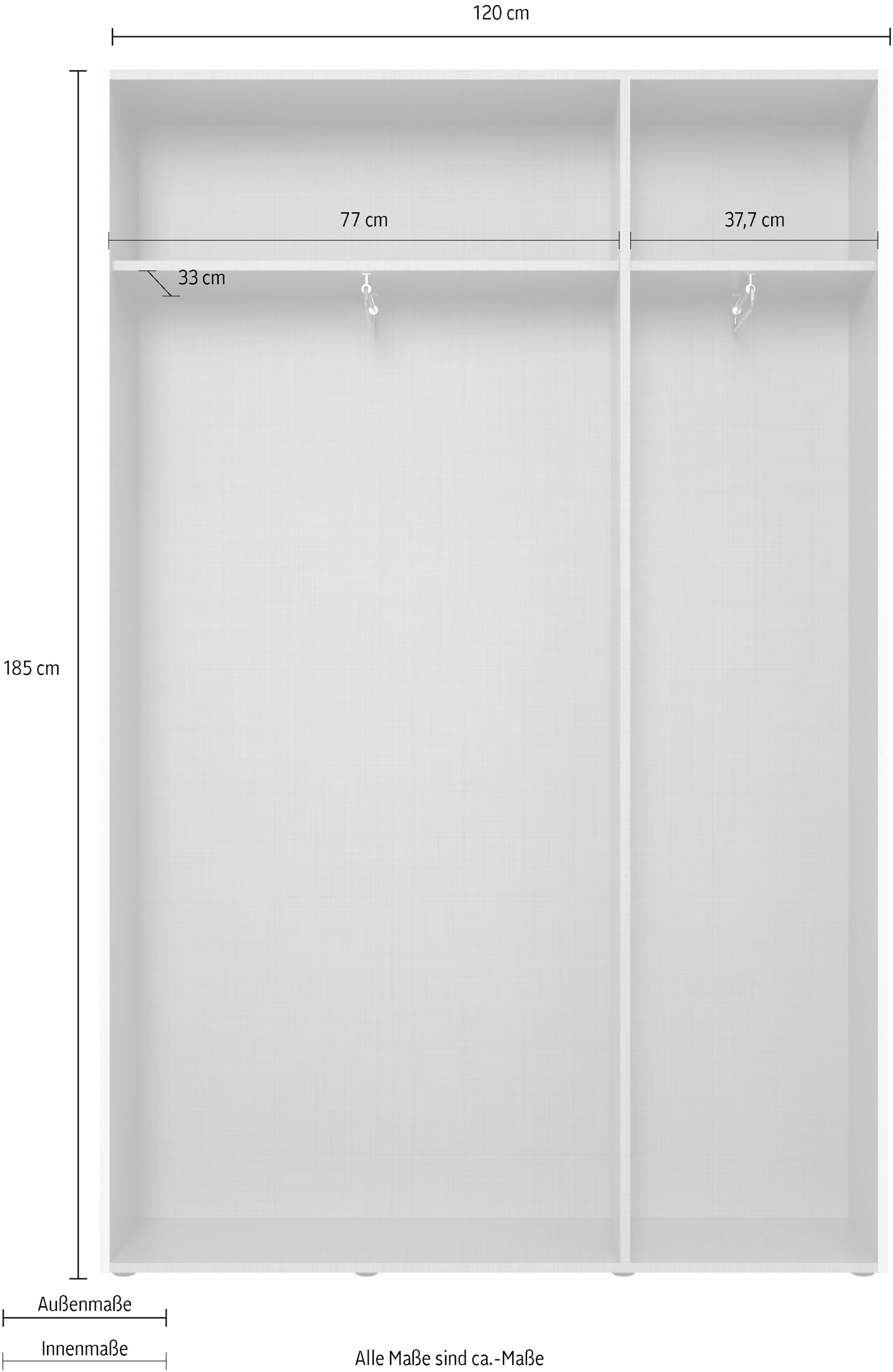 Wimex Kleiderschrank »Mugano, in 5 Breiten und 2 Höhen, Made in Germany«, (in Basic oder Premium Ausstattung mit 2 weiteren Einlegeböden), mit langen Griffstangen aus Metall, wahlweise mit oder ohne Spiegel