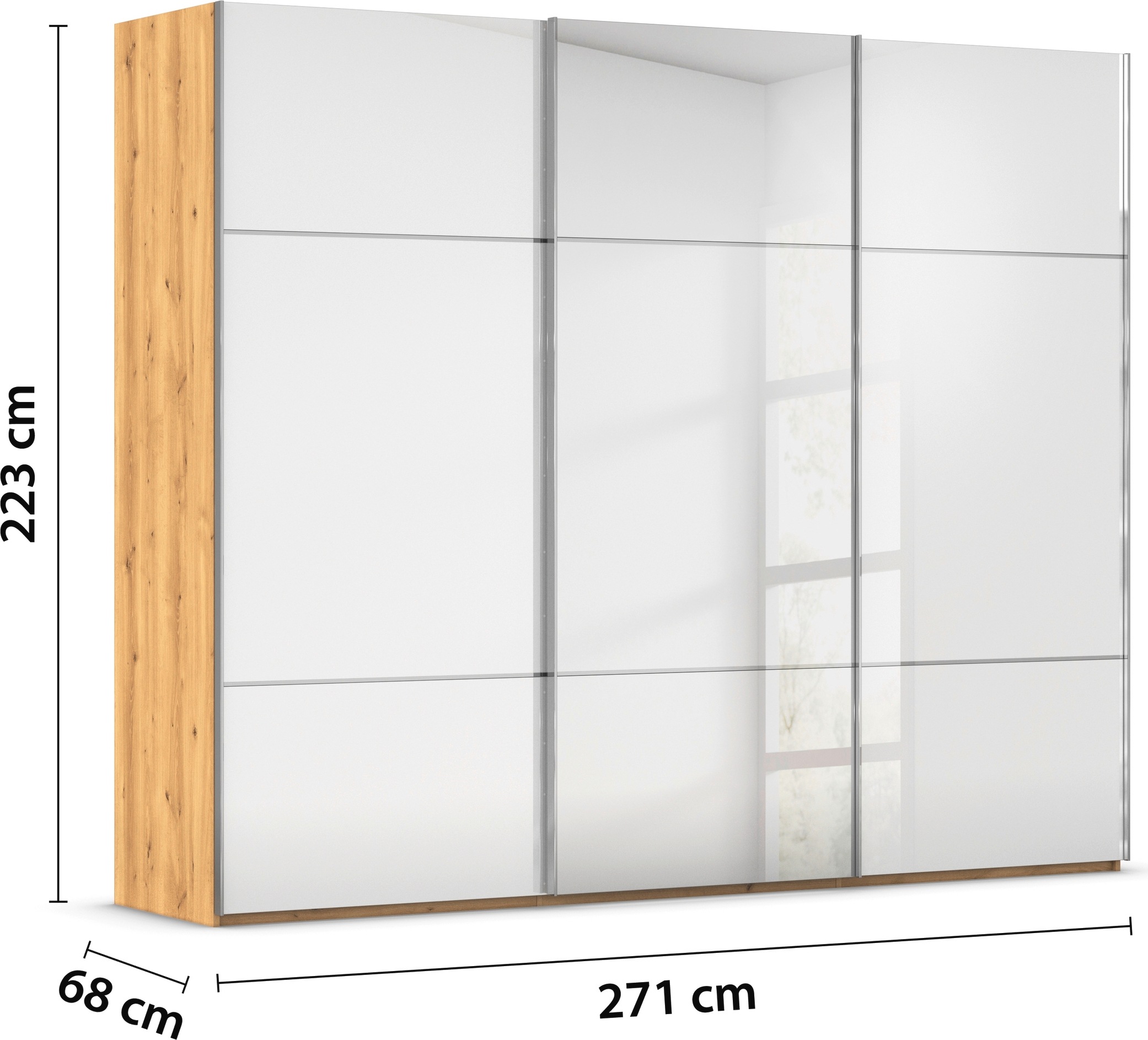 rauch Schwebetürenschrank »Kleiderschrank Schrank Garderobe Schlafzimmerschrank SCALE-TRIO«, edle dreigeteilte Front mit 2 Zierleisten Spiegel/Glas MADE IN GERMANY