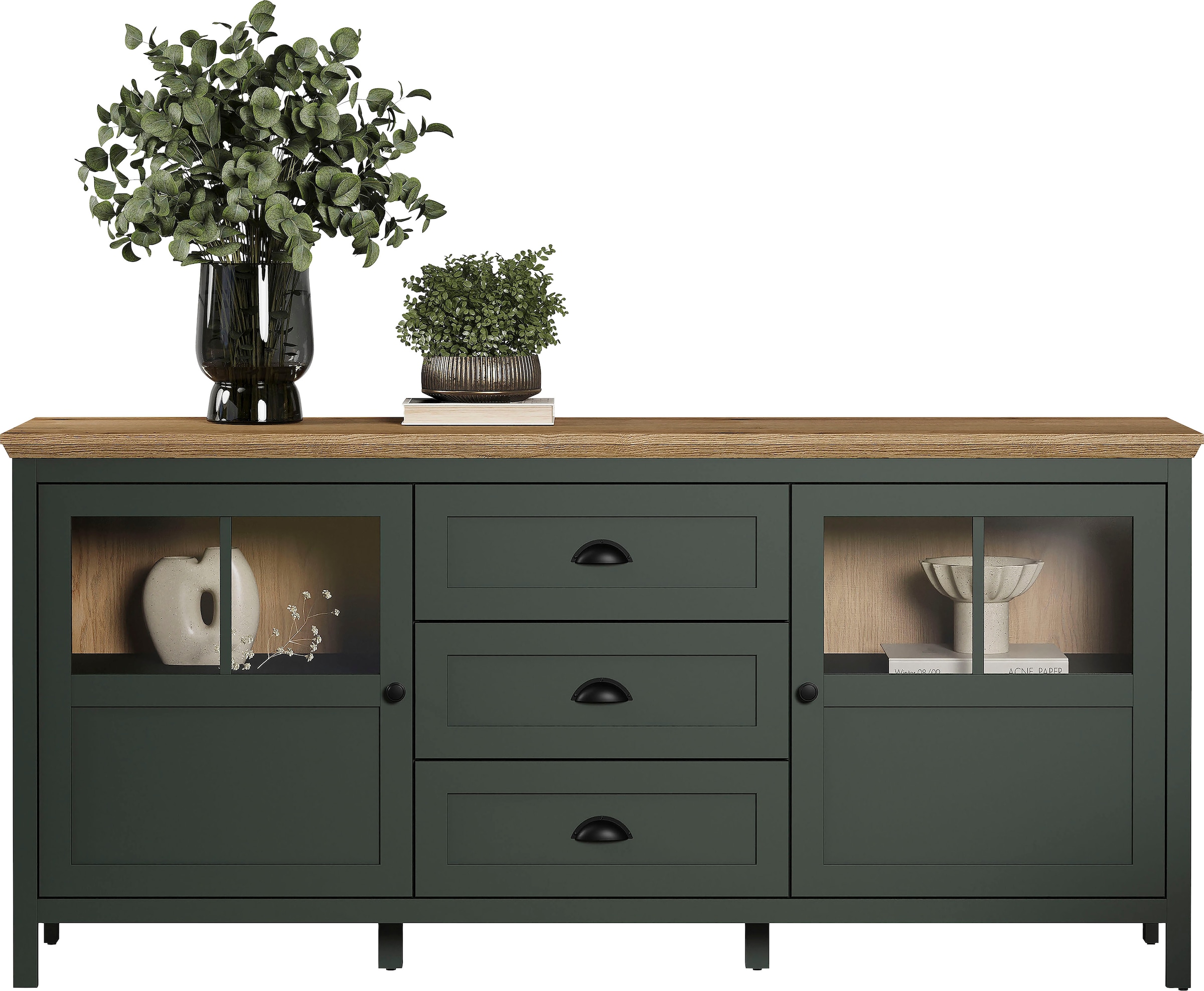 Home affaire Sideboard »Vienna«, (1 St.), Kommode im Landhausstil - Beleuchtung, Glastüren - B/T/H 185/45/86 cm