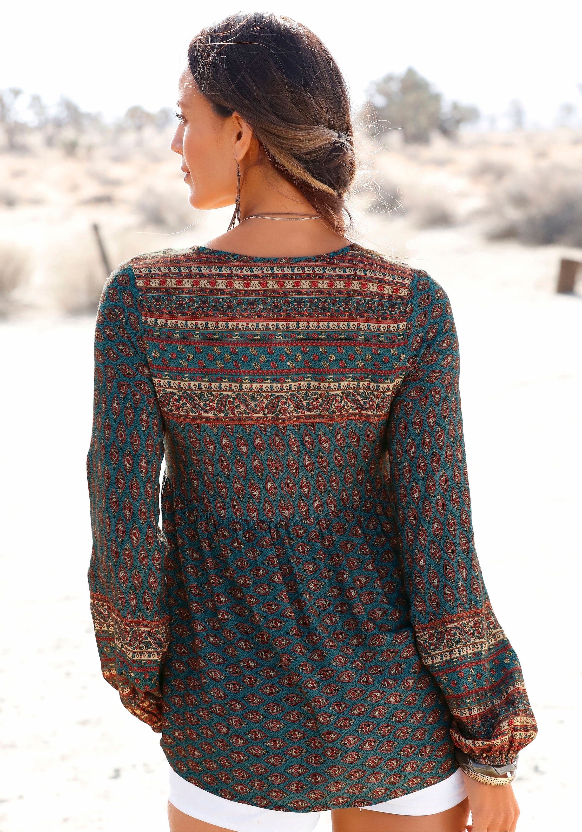 Buffalo Schlupfbluse, mit Ethnodruck und Zierperlen, Boho-Style, Langarmbluse