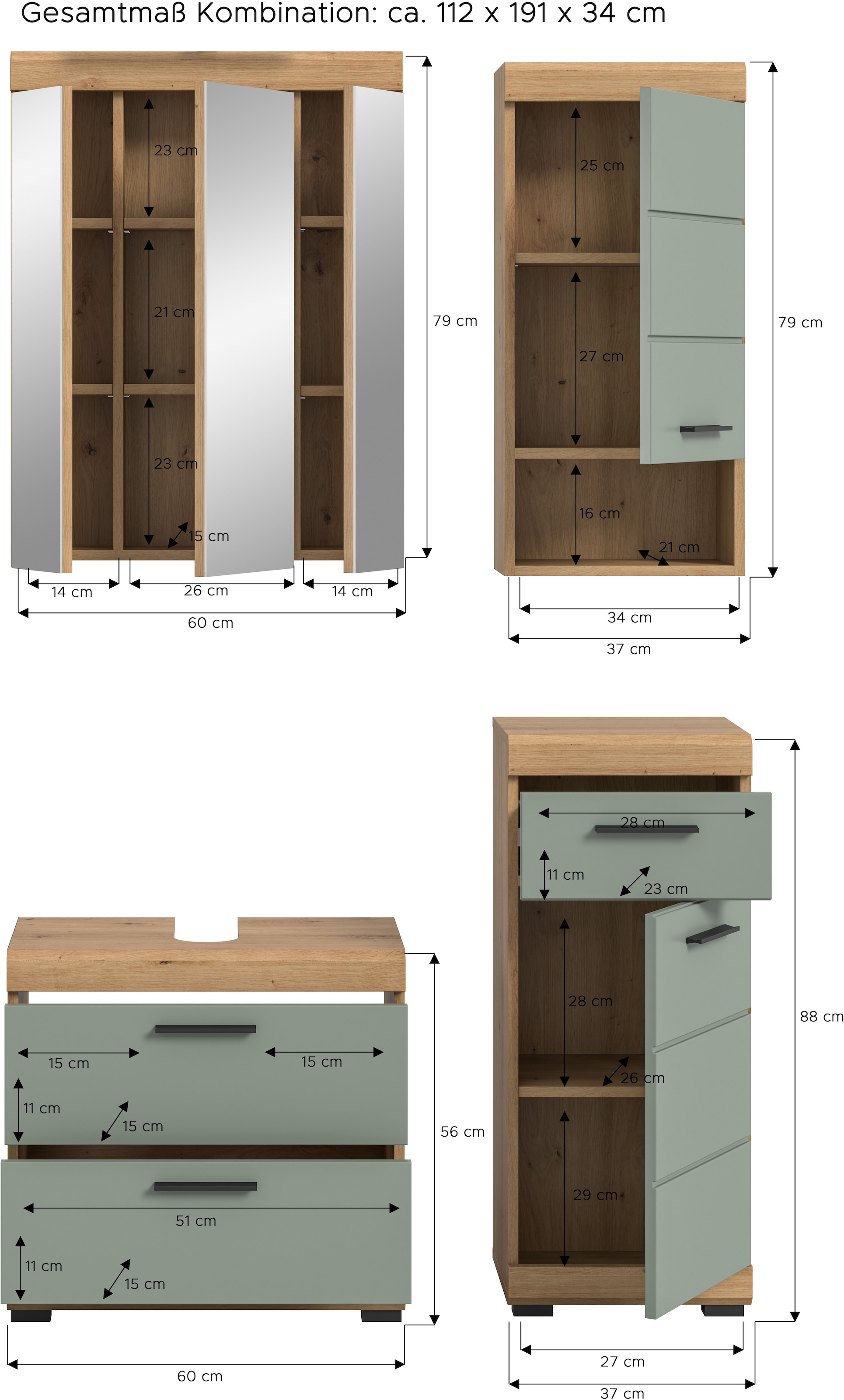 INOSIGN Badmöbel-Set »Siena, 4 teilig, bestehend aus:«, (Set), Waschbeckenunterschrank, Spiegelschrank, Unterschrank, Hängeschrank