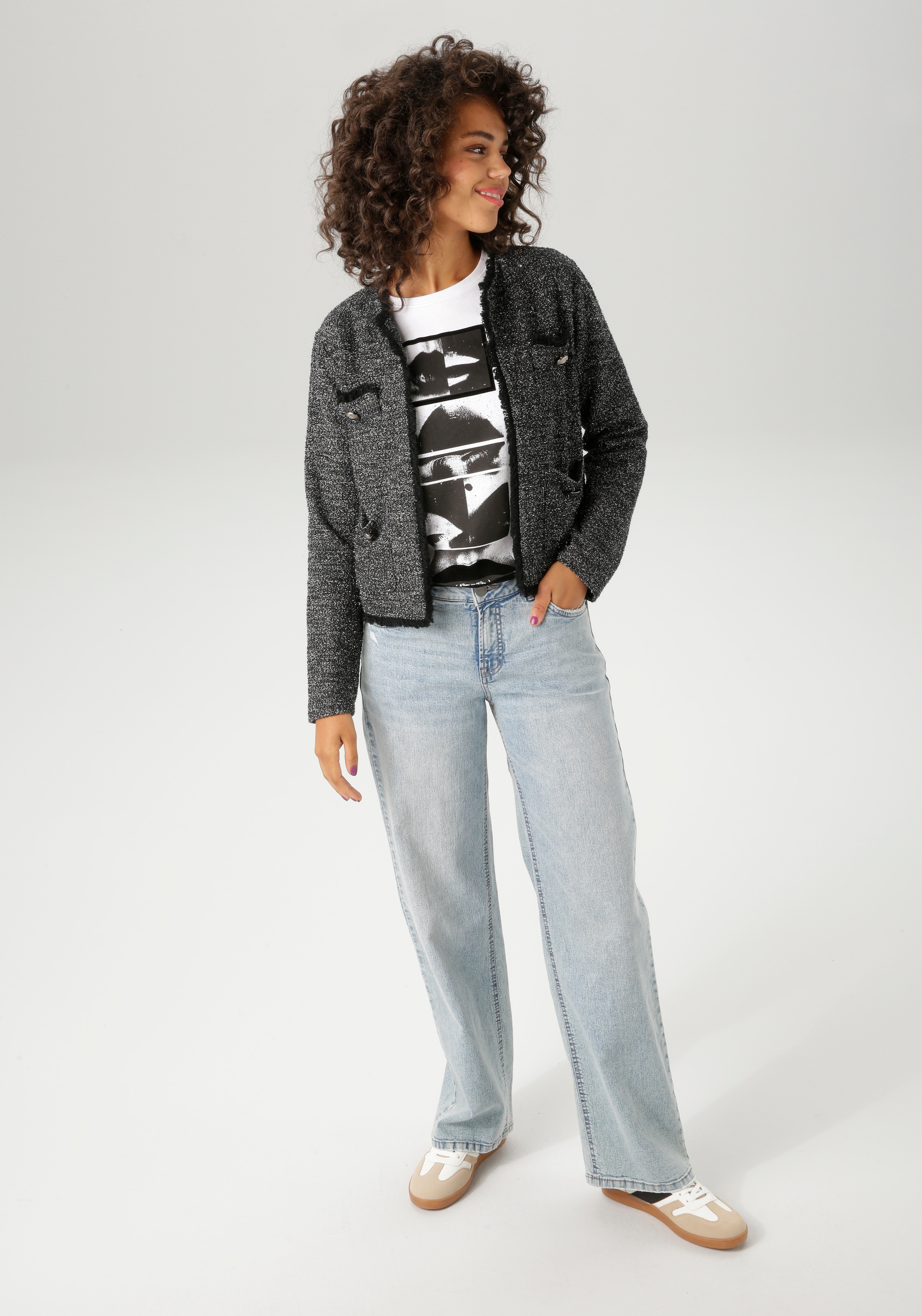 Aniston CASUAL Kurzblazer, aus meliertem Bouclé-Jacquard mit Glanzfäden - NEUE KOLLEKTION