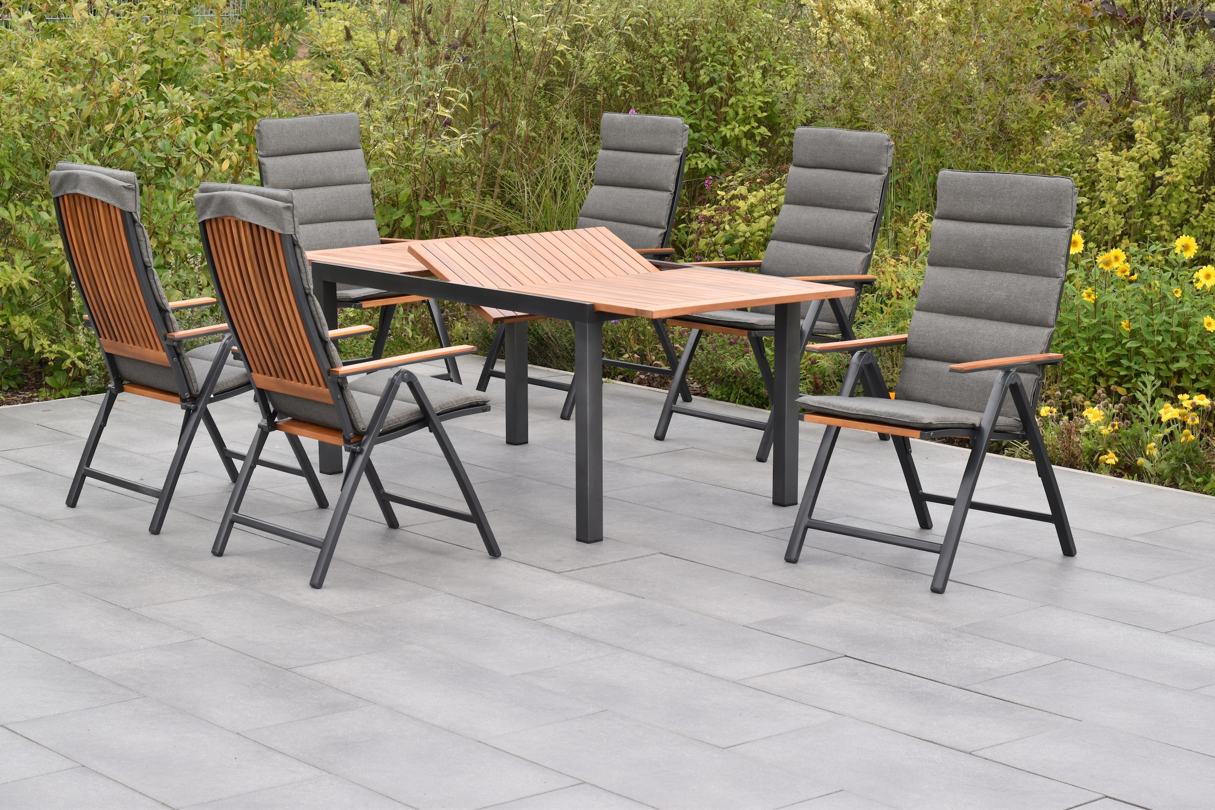 MERXX Garten-Essgruppe »»Athos««, (Set, 7 tlg., Inkl. Auflagen, 5-fach verstellbare Rückenlehne), Ausziehtisch: LxB: 150-200 x 90 cm
