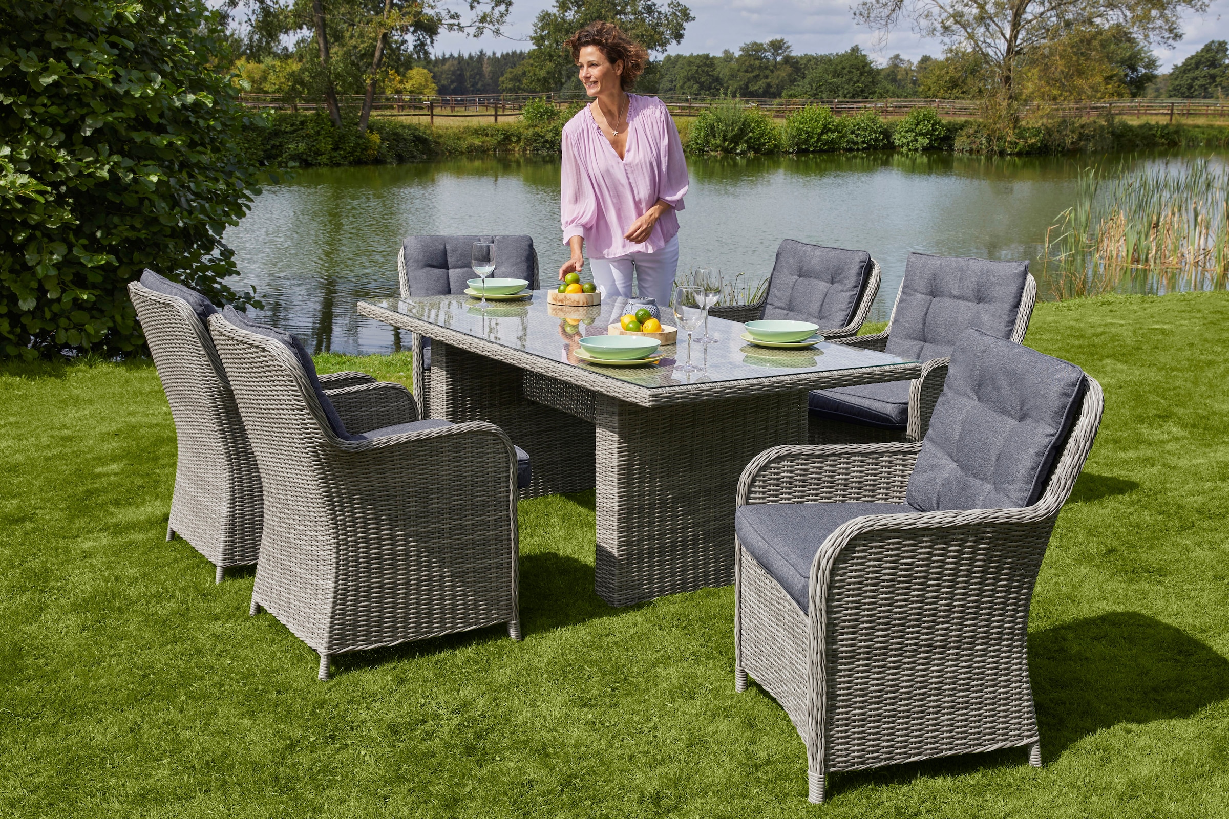 KONIFERA Garten-Essgruppe »»Menorca««, (Set, 19 tlg., 6x Sessel, 1x Tisch 200x100x75 cm, inkl. Auflagen, Alu, Polyrattan), Polyrattan, Aluminium, Tischplatte aus 5mm starkem Sicherheitsglas
