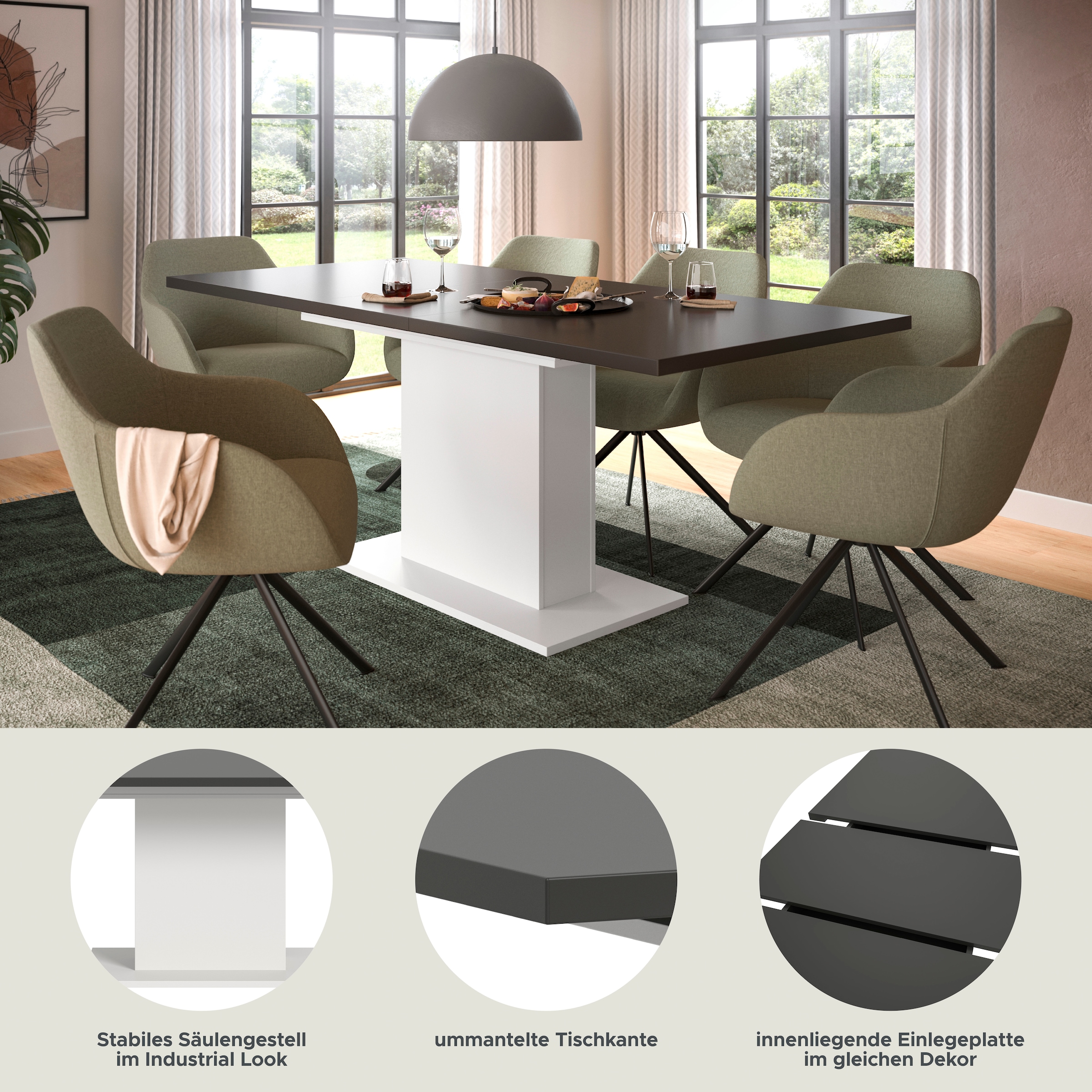 INOSIGN Esstisch »Motus, ausziehbar 150 -190 cm, inklusive 40 cm Einlegeplatte«, (Set, 1 St.), Säulengestell mit Bodenplatte, Tisch, Küchentisch, Esszimmer, Küche