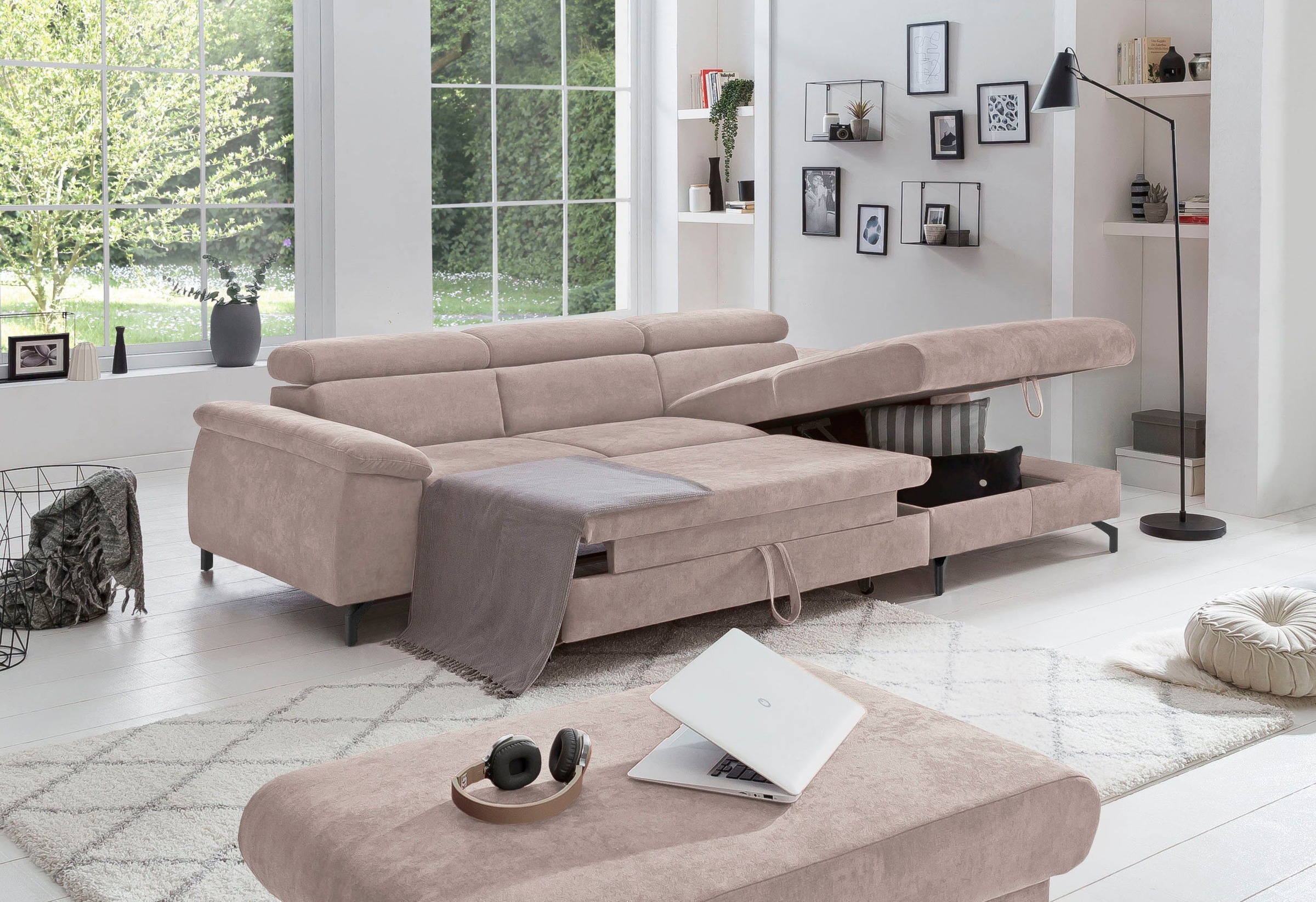 COTTA Polstergarnitur »Komaris L-Form«, (Set), Set bestehend aus: Ecksofa mit Kopfteilverstellung & Hocker