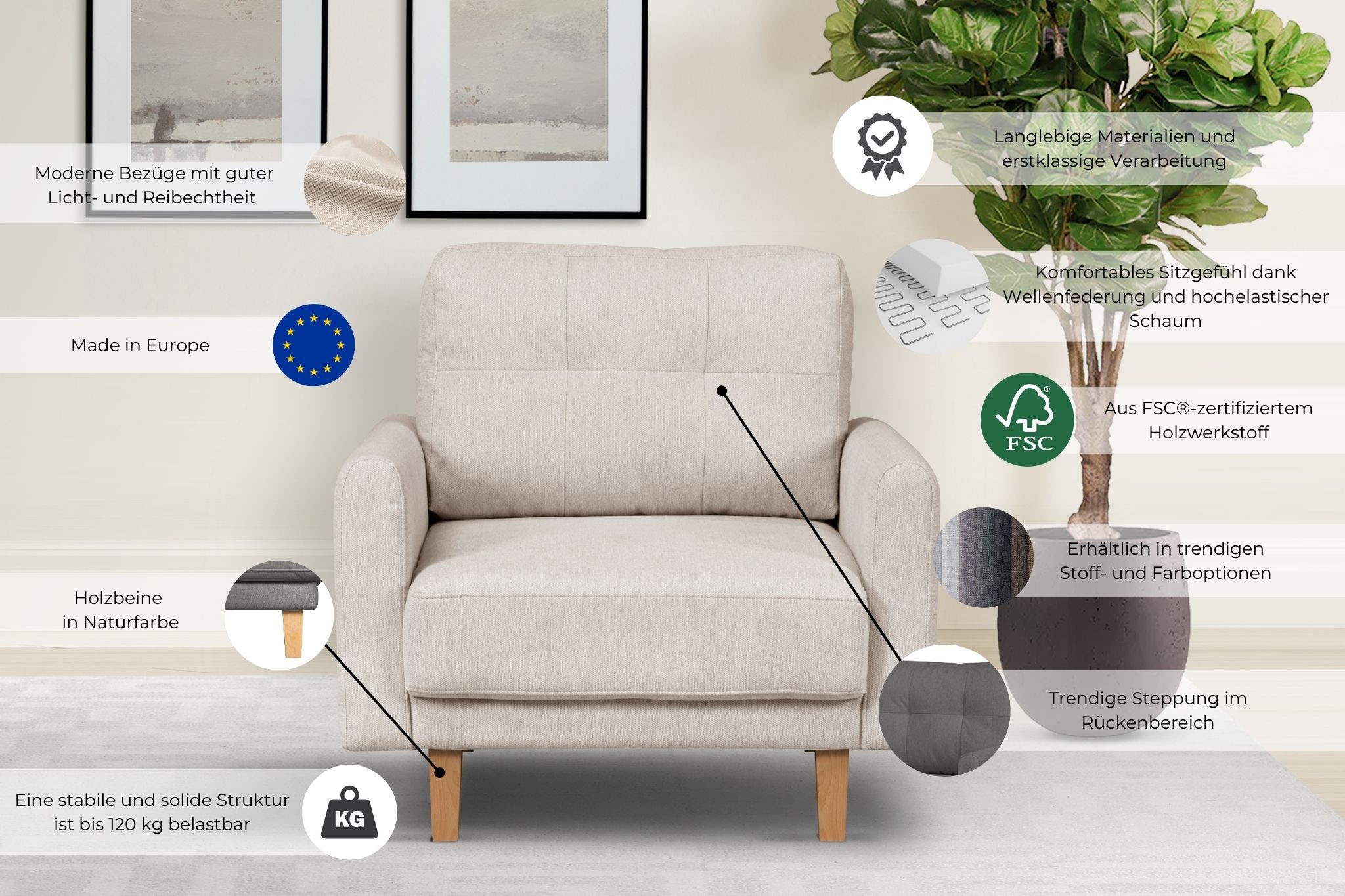 Home affaire Sessel »TRIPLO Relaxsessel mit Wellenunterfederung, Maße B/T/H: 95/100/89 cm«, Polstersessel mit Steppung im Rückenkissen, hohe Qualität