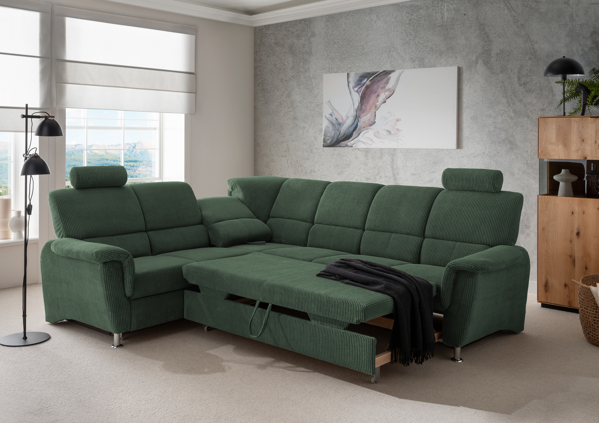 Home affaire Ecksofa »Pisa L-Form, mit Schlaffunktion, Stauraum, 2x höhenverstellbare«, Kopfstützen und Relaxfunktion im Eckelement
