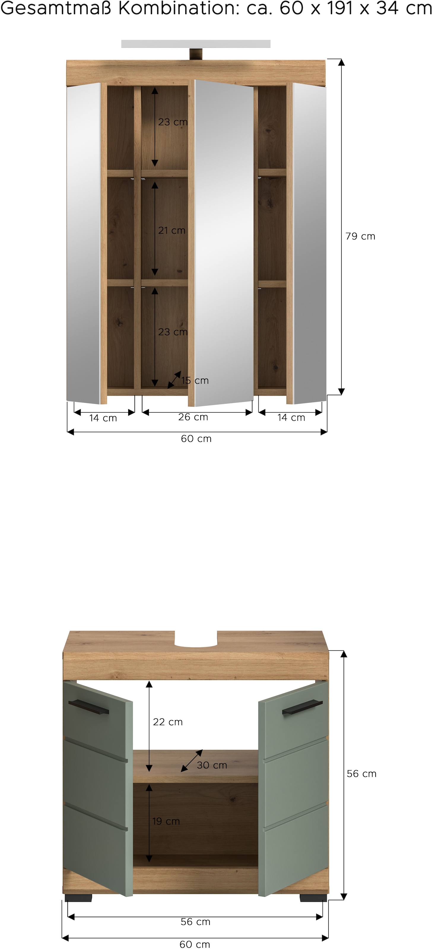 INOSIGN Badmöbel-Set »Siena, 2 teilig, inklusive LED Beleuchtung, bestehend aus:«, (Set), Waschbeckenunterschrank, Spiegelschrank, LED Badaufsatzleuchte