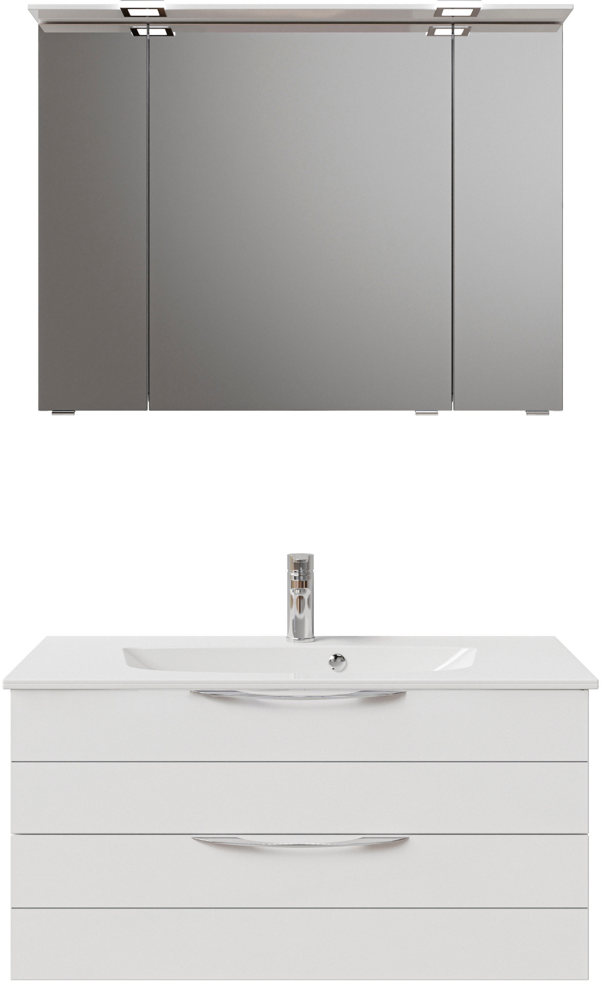 Saphir Badmöbel-Set »Serie 6025 2-teilig Mineralmarmor-Waschtisch mit LED-Spiegelschrank«, (2 St.), Waschplatz 97 cm breit, 2 Schubladen, 3 Spiegel-Türen, inkl Türdämpfer