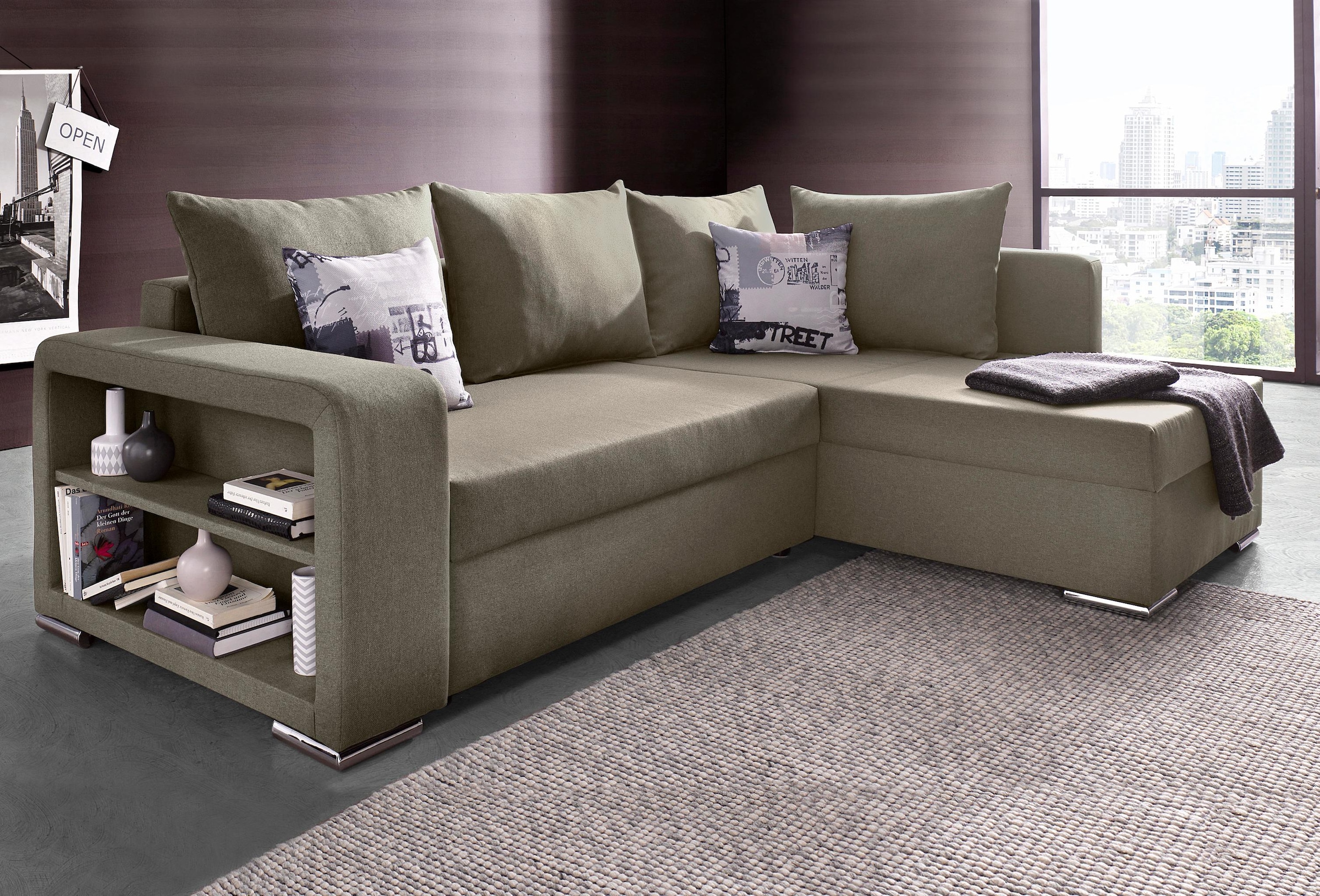 COLLECTION AB Ecksofa »John L-Form«, mit Bettfunktion, Bettkasten und Regalarmteil