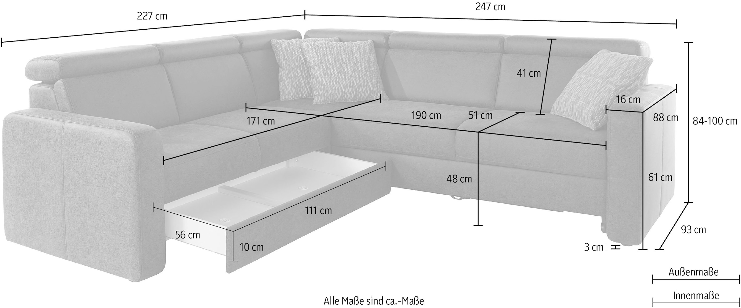 sit&more Ecksofa »Bologna L-Form«, Kopfteilverstellung, wahlweise mit Bettfunktion und Schubkasten