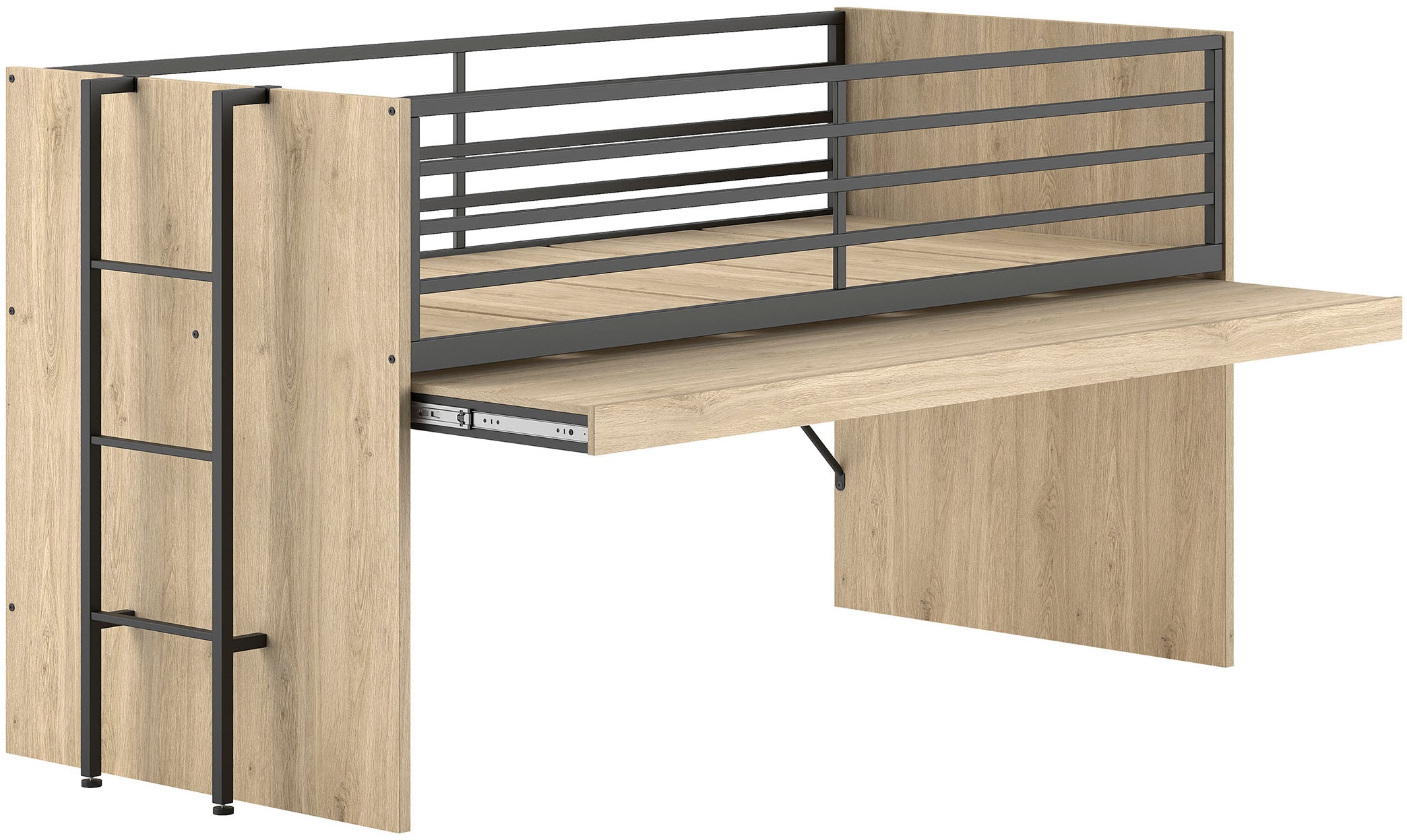 Vipack Hochbett »Sam, schlafen und arbeiten in einem, wahlweise Eiche- oder Weiß-Dekor« Liegefläche 90x200 cm, darunter eine große ausziehbare Schreibplatte,  Inkl. Absturzschutz u. Leiter, pflegeleichte Dekor Oberfläche