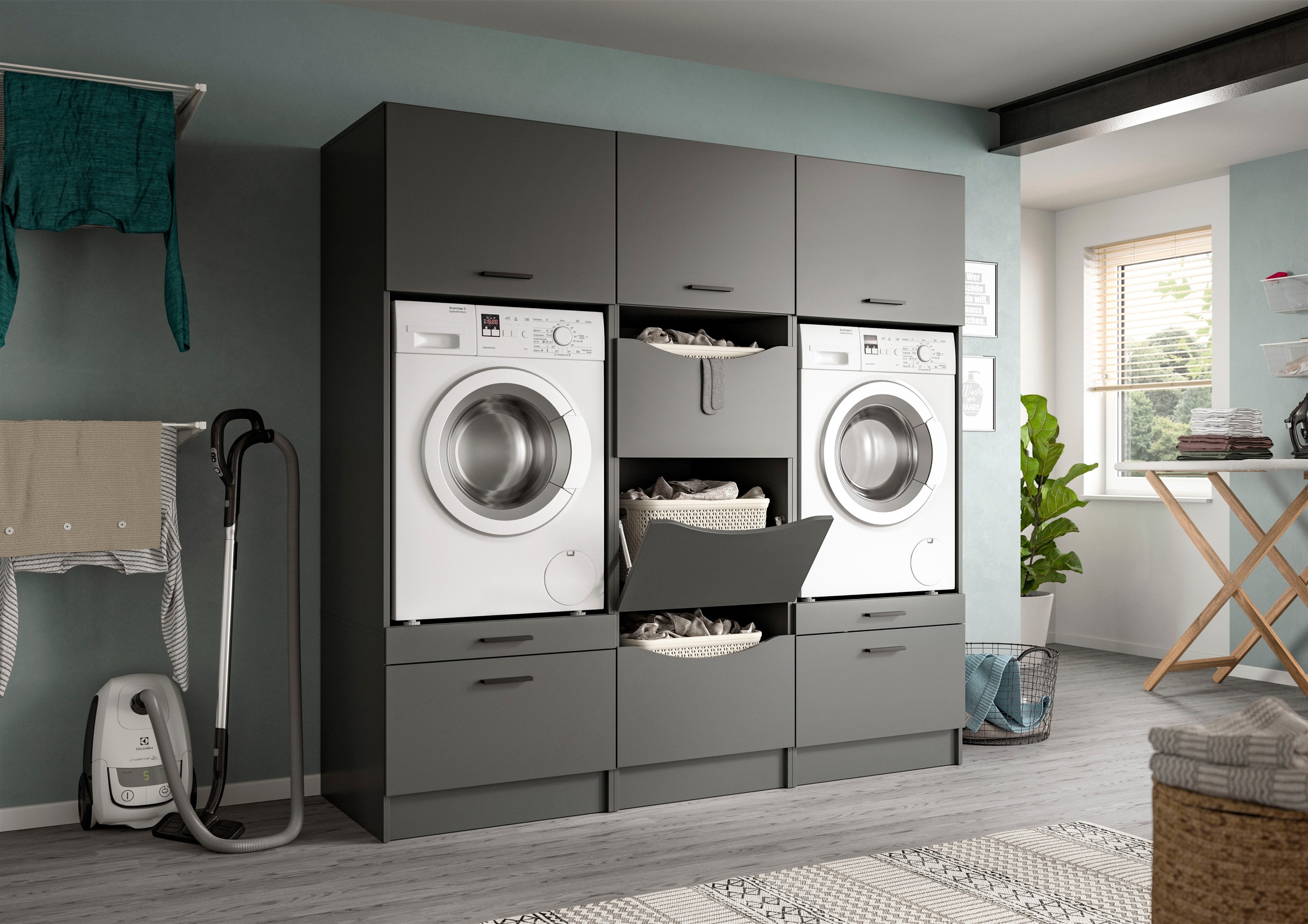 welltime Badmöbel-Set »FALAS, TOPSELLER!, 3-teilig, Hauswirtschaftsraum Set, Breite 192 cm«, (Set, 3 St., bestehend aus: 2x Waschmaschinenumbauschrank und 1x Wäscheschrank), Kombination, Waschmaschinenumbau, Waschmaschinenschrank, Wäschekammer