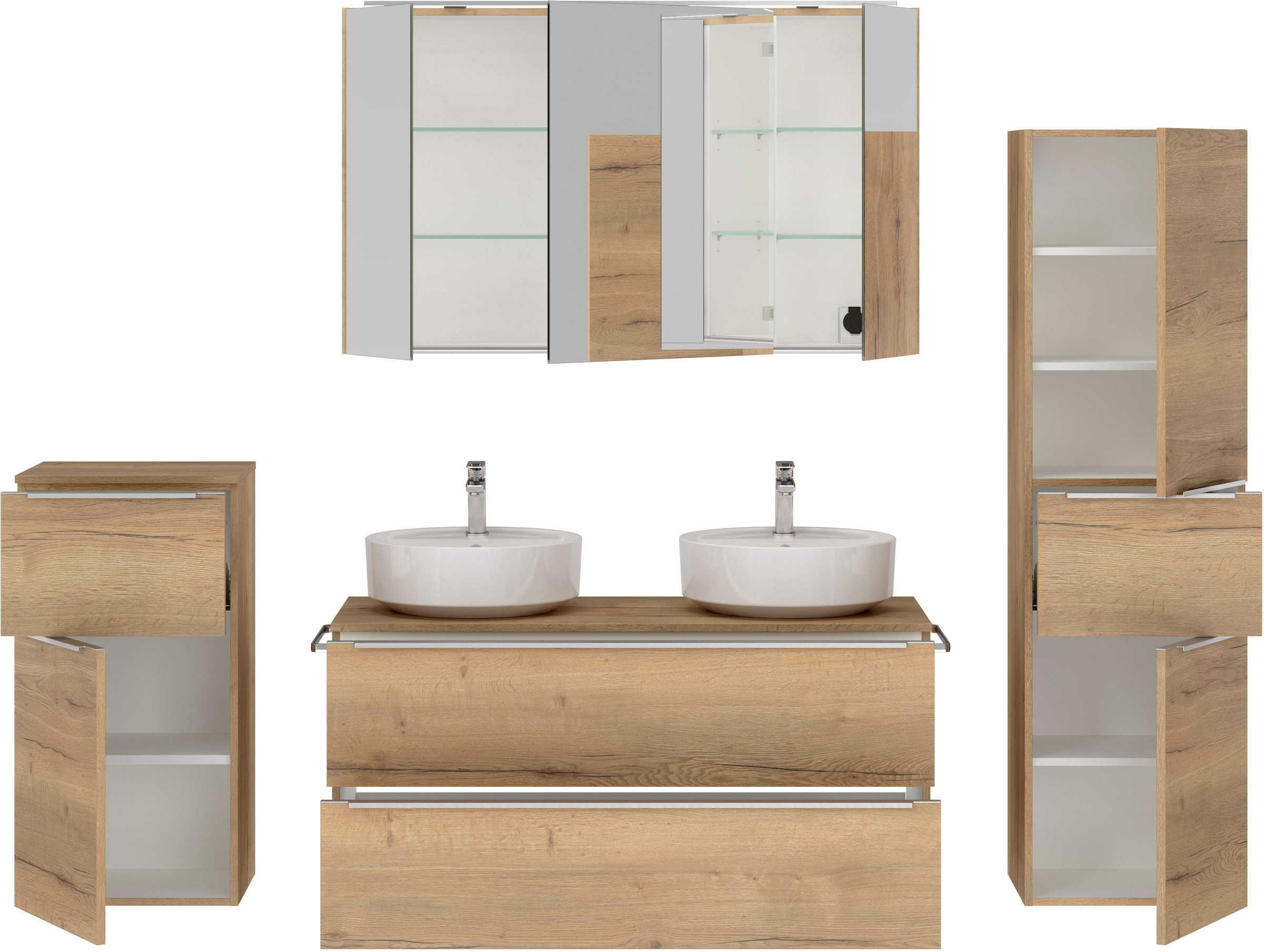 nobilia® Badmöbel-Set »Alvene«, (4 St., vormontiert, mit Soft-Close), inkl. Spiegelschrank mit Beleuchtung und Dimmerfunktion, in 4 Breiten